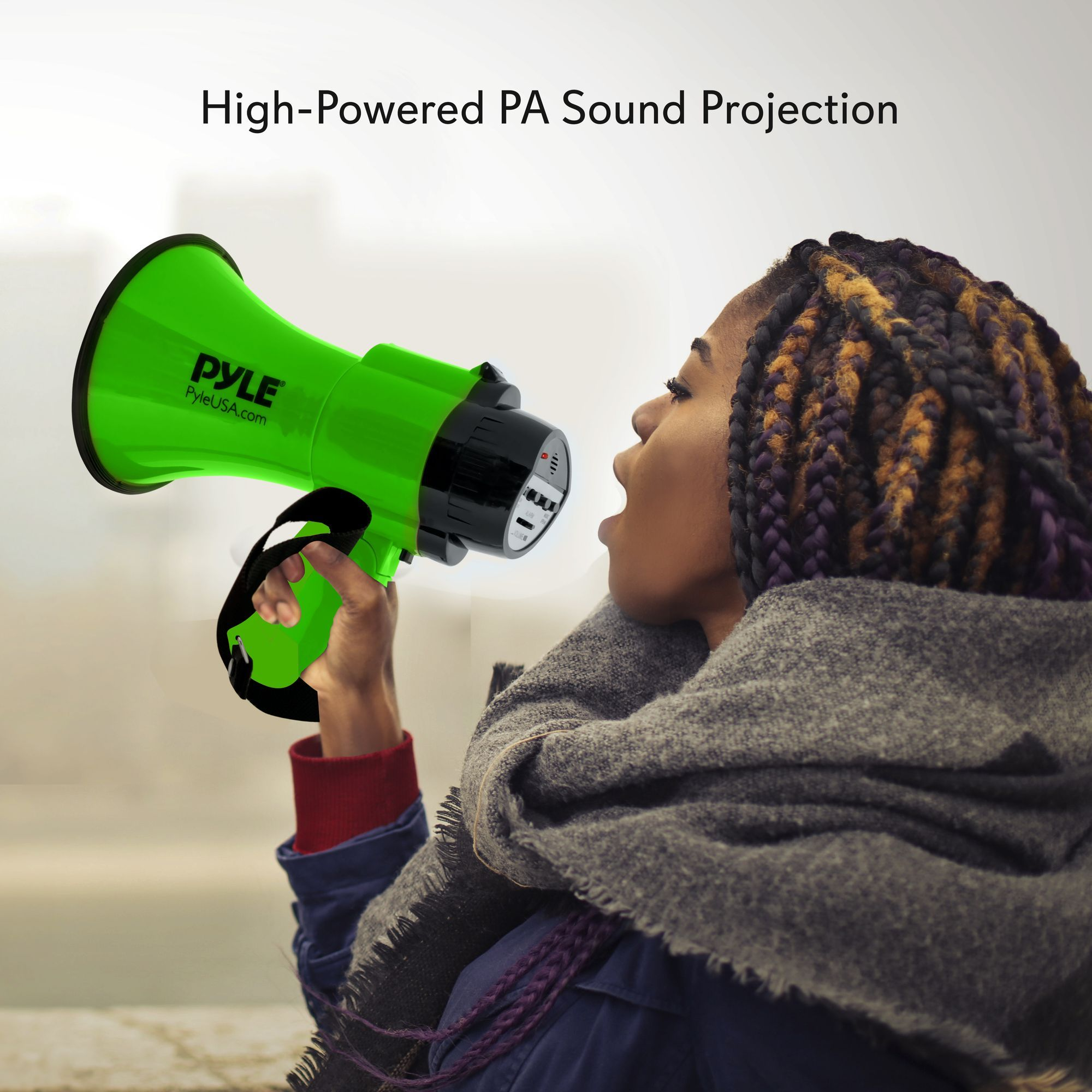 Portable Megaphone Speaker Siren Bullhorn - Compact and Battery Operated with 30 Watt Power, Microphone, 2 Modes, PA Sound and Foldable Handle for Cheerleading and Police Use - Pyle PMP32GR (Green)