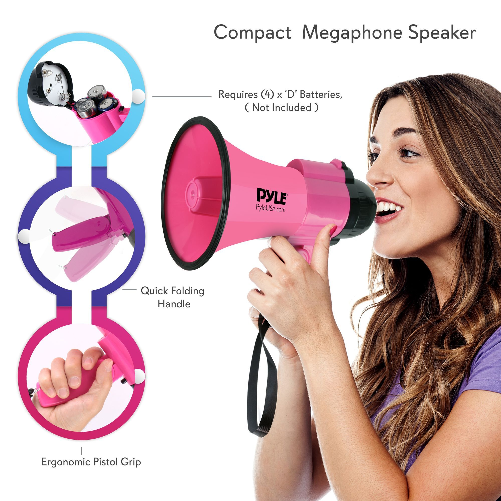 Portable Megaphone Speaker Siren Bullhorn - Compact and Battery Operated with 30 Watt Power, Microphone, 2 Modes, PA Sound and Foldable Handle for Cheerleading and Police Use - Pyle PMP34PK (Pink)