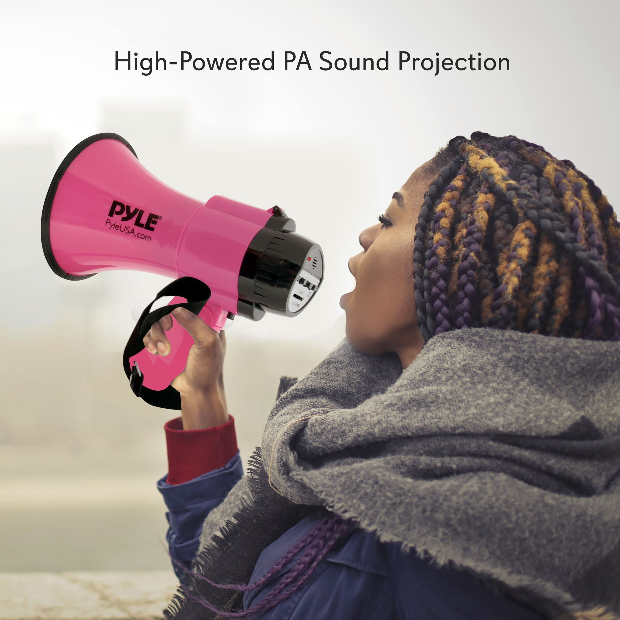 Portable Megaphone Speaker Siren Bullhorn - Compact and Battery Operated with 30 Watt Power, Microphone, 2 Modes, PA Sound and Foldable Handle for Cheerleading and Police Use - Pyle PMP34PK (Pink)