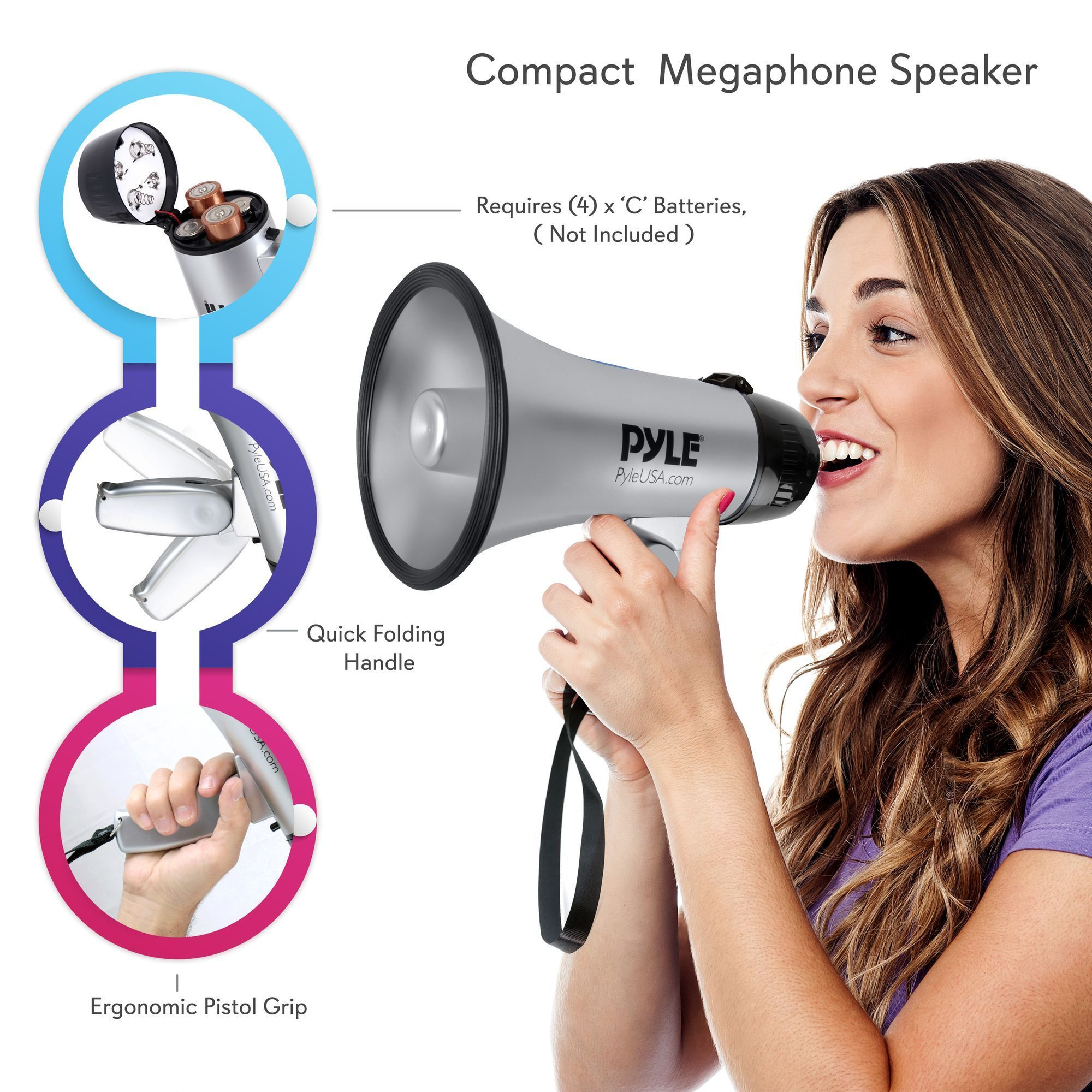 Portable Megaphone Speaker Siren Bullhorn - Compact and Battery Operated with 20 Watt Power, Microphone, 2 Modes, PA Sound and Foldable Handle for Cheerleading and Police Use - Pyle PMP23SL (Silver)