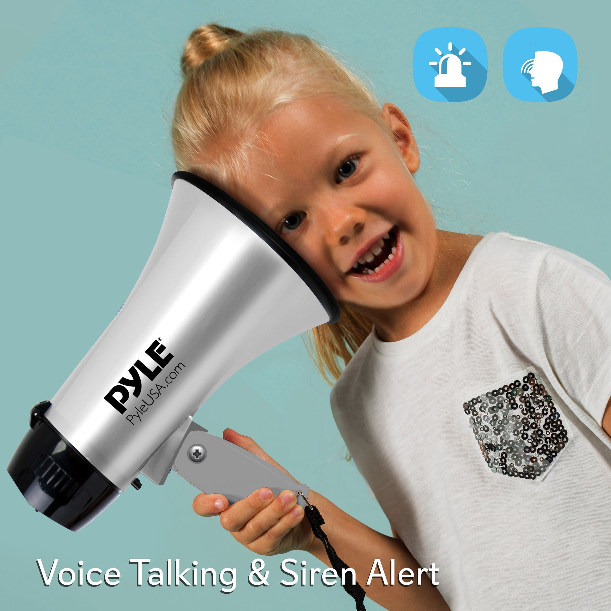 Portable Megaphone Speaker Siren Bullhorn - Compact and Battery Operated with 20 Watt Power, Microphone, 2 Modes, PA Sound and Foldable Handle for Cheerleading and Police Use - Pyle PMP23SL (Silver)