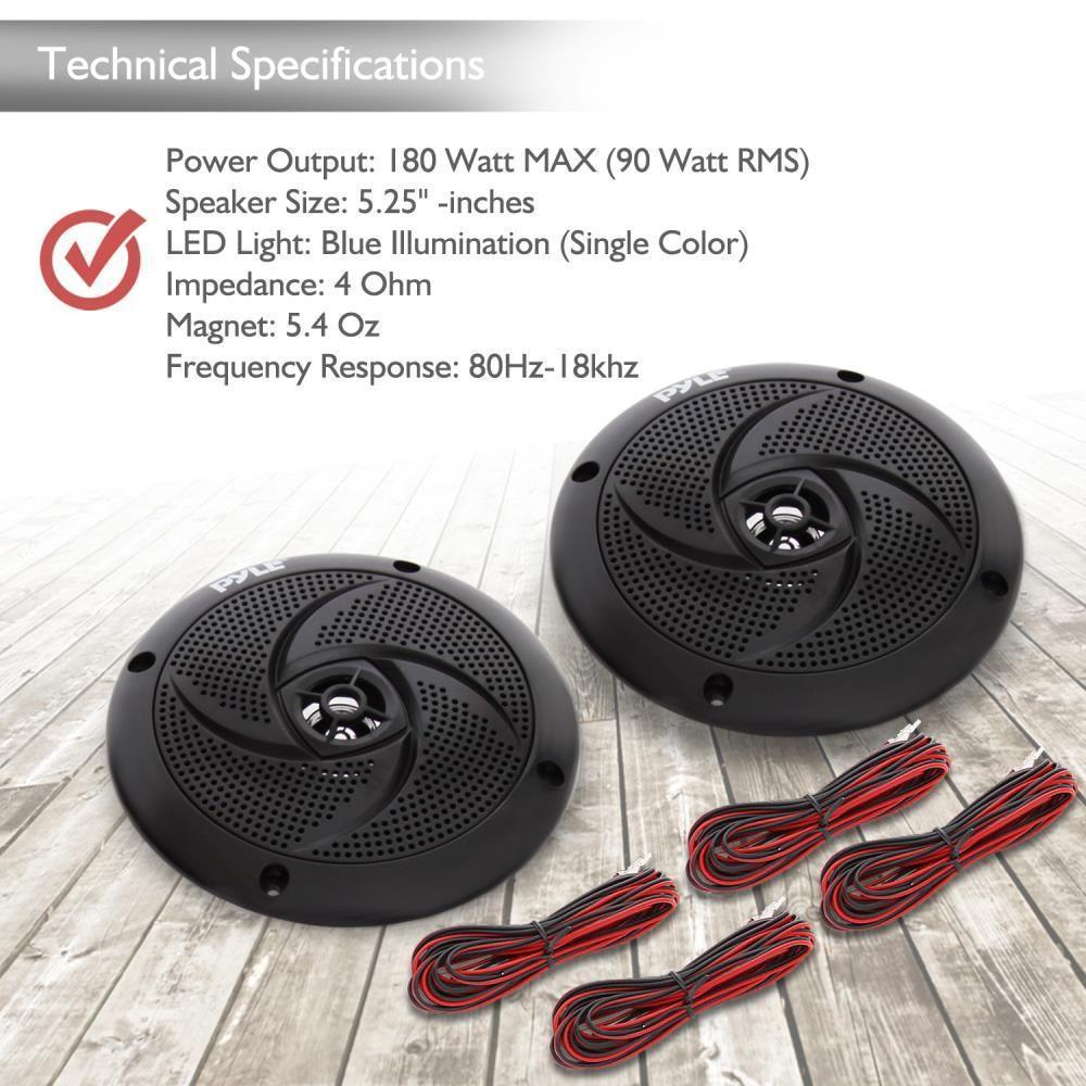 Waterproof Rated Marine Speakers, Low-Profile Slim Style Speaker Pair with Built-in LED Lights, 5.25''-inch (180 Watt)