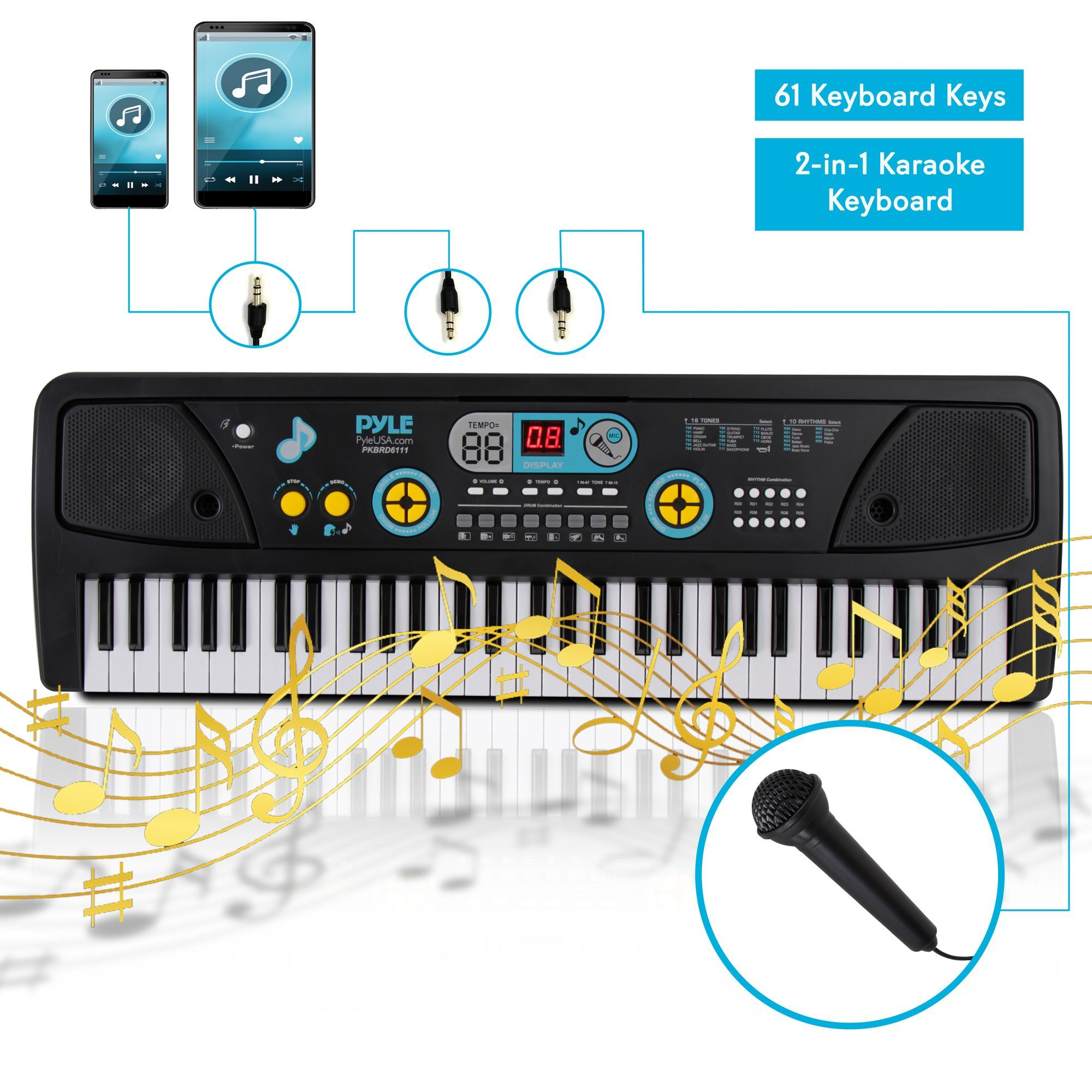 Digital Musical Karaoke Keyboard - Portable Electronic Piano Keyboard with Built-in Rechargeable Battery & Wired Microphone (61 Keys)