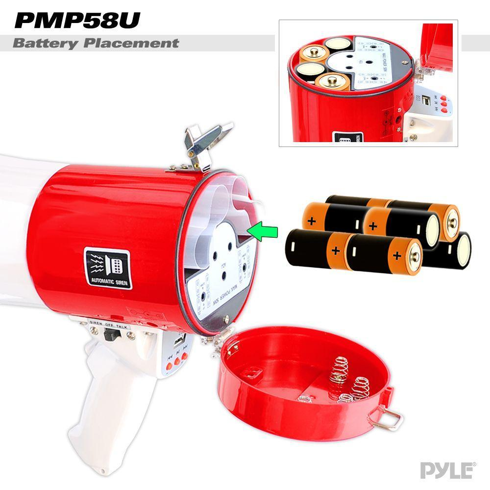 Pyle Megaphone Speaker PA Bullhorn - with Built-in Siren 50 Watts Adjustable Volume Control & Record Function - Ideal for Football, Baseball, Cheerleading Fans, Coaches or for Safety Drills PMP58U