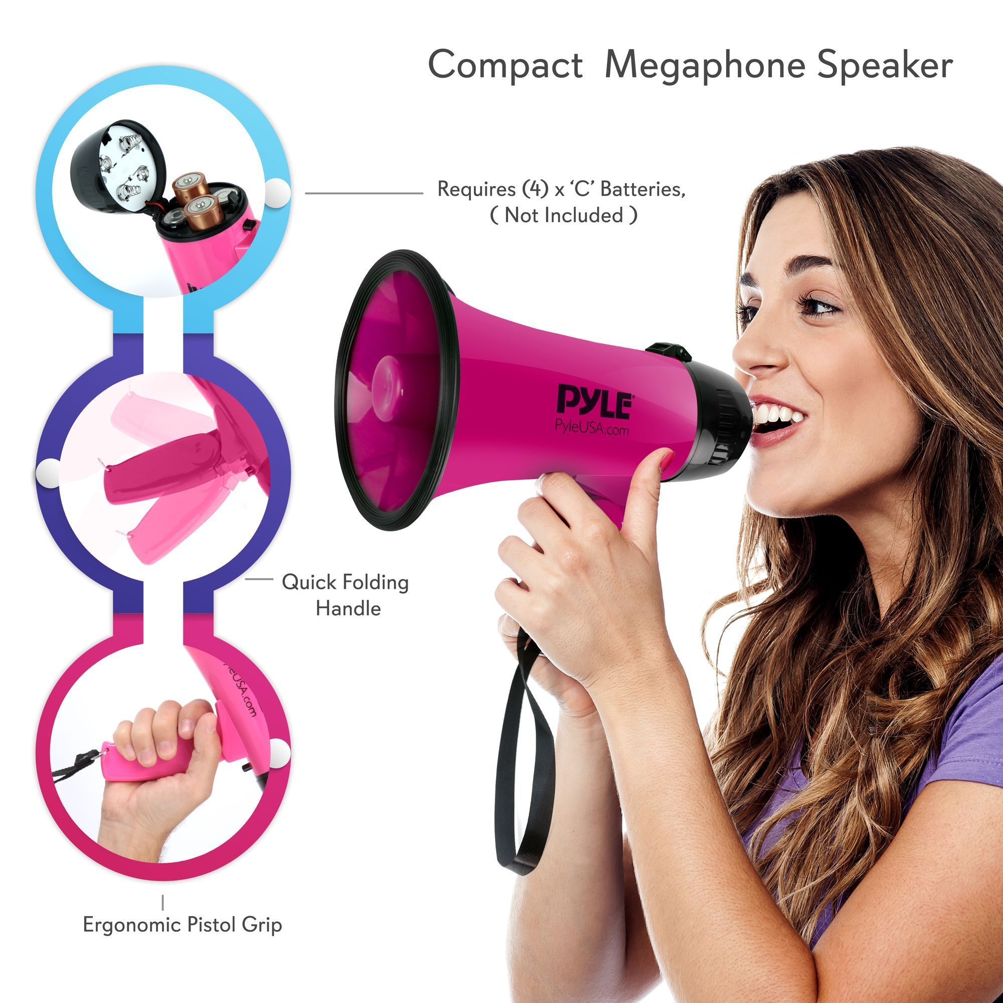 Portable Megaphone Speaker Siren Bullhorn - Compact and Battery Operated with 20 Watt Power, Microphone, 2 Modes, PA Sound and Foldable Handle for Cheerleading and Police Use - Pyle PMP24PK (Pink)