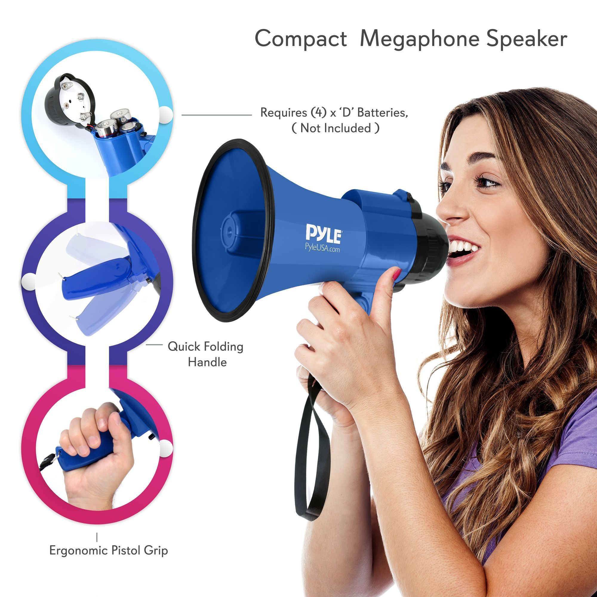Portable Megaphone Speaker Siren Bullhorn - Compact and Battery Operated with 30 Watt Power, Microphone, 2 Modes, PA Sound and Foldable Handle for Cheerleading and Police Use - Pyle PMP31BL (Blue)