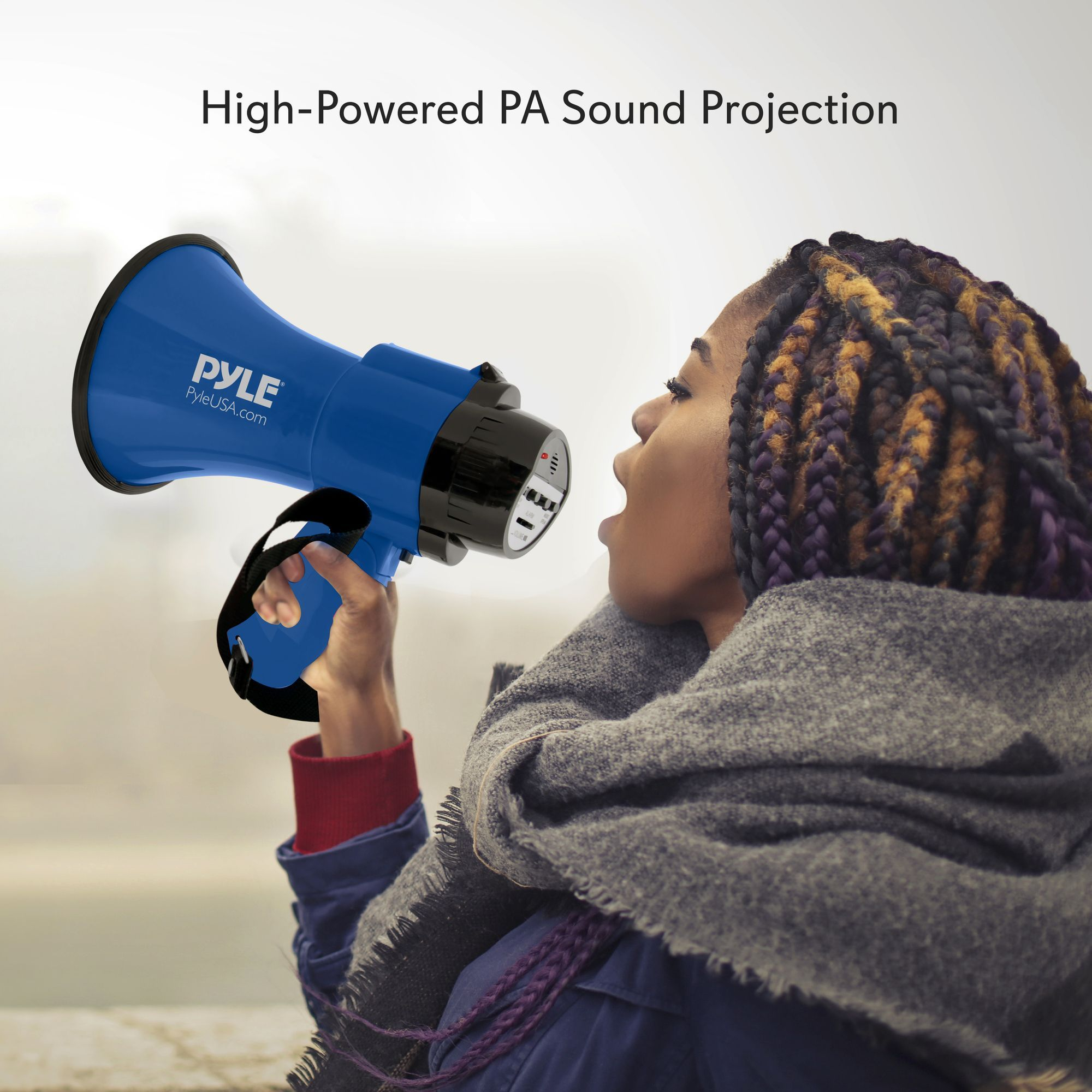 Portable Megaphone Speaker Siren Bullhorn - Compact and Battery Operated with 30 Watt Power, Microphone, 2 Modes, PA Sound and Foldable Handle for Cheerleading and Police Use - Pyle PMP31BL (Blue)