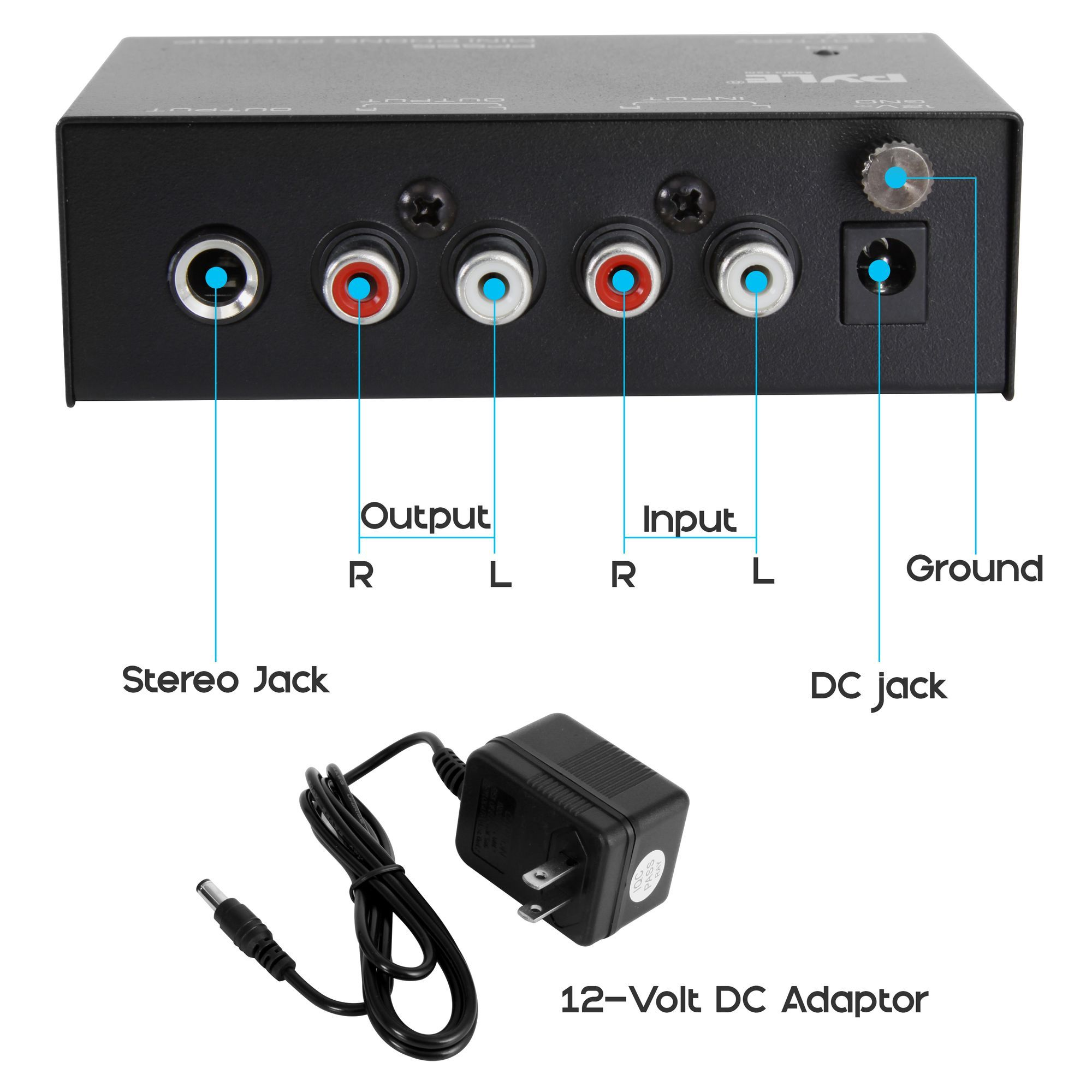 Pyle Phono Turntable Preamp - Mini Electronic Audio Stereo Phonograph Preamplifier with 9V Battery Compartment, Separate DC 12V Power Adapter, RCA Input, RCA Output & Low Noise Operation (PP555)