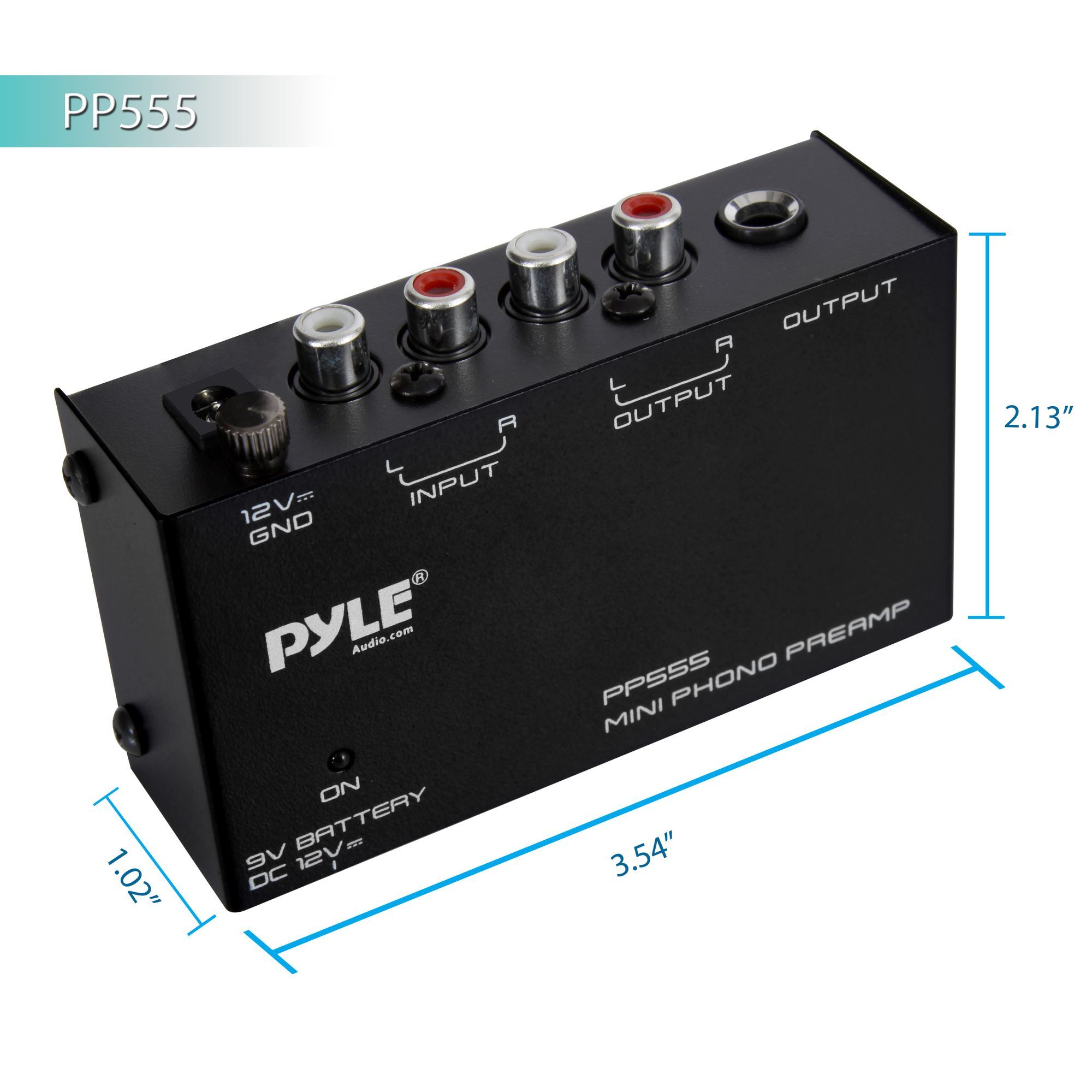 Pyle Phono Turntable Preamp - Mini Electronic Audio Stereo Phonograph Preamplifier with 9V Battery Compartment, Separate DC 12V Power Adapter, RCA Input, RCA Output & Low Noise Operation (PP555)