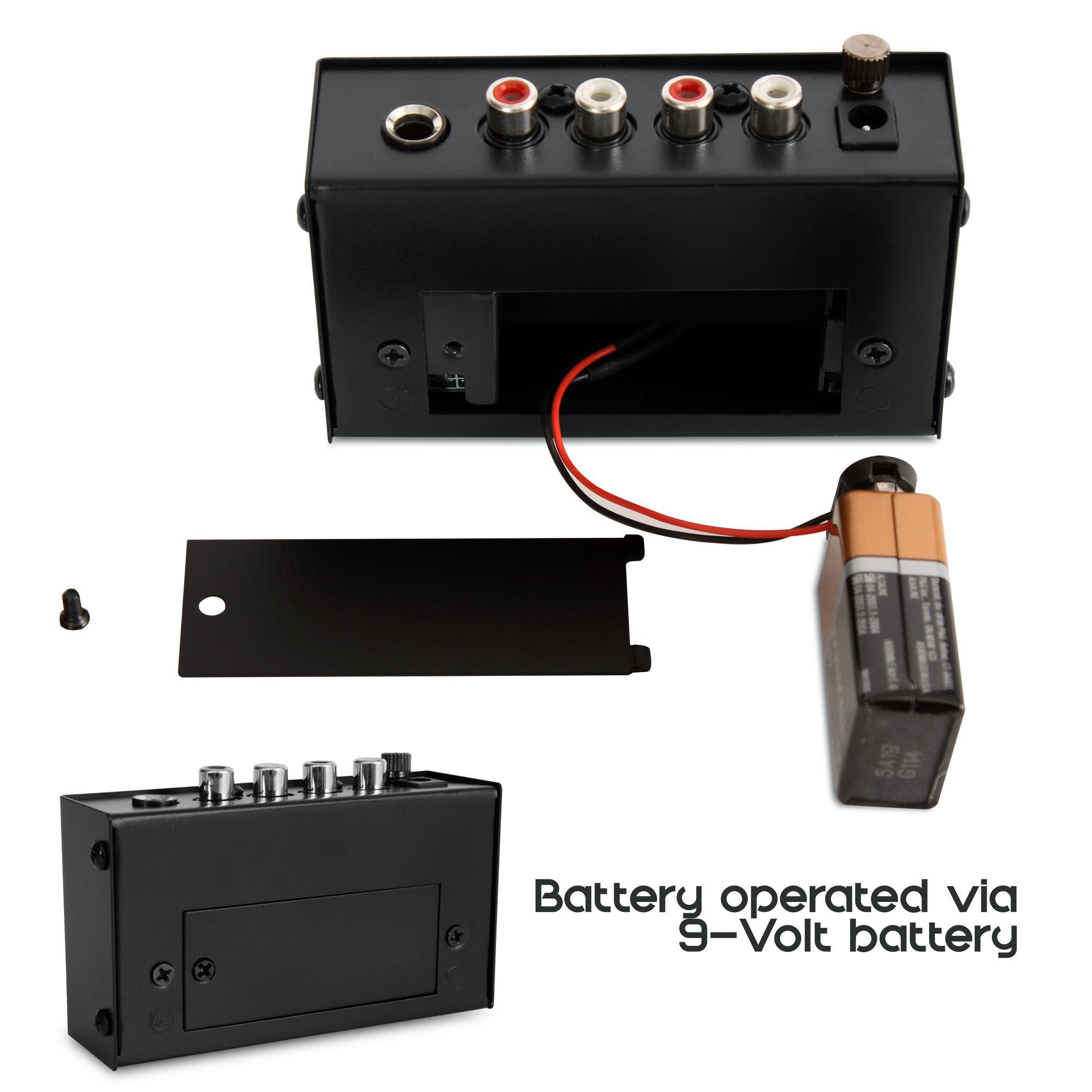 Pyle Phono Turntable Preamp - Mini Electronic Audio Stereo Phonograph Preamplifier with 9V Battery Compartment, Separate DC 12V Power Adapter, RCA Input, RCA Output & Low Noise Operation (PP555)