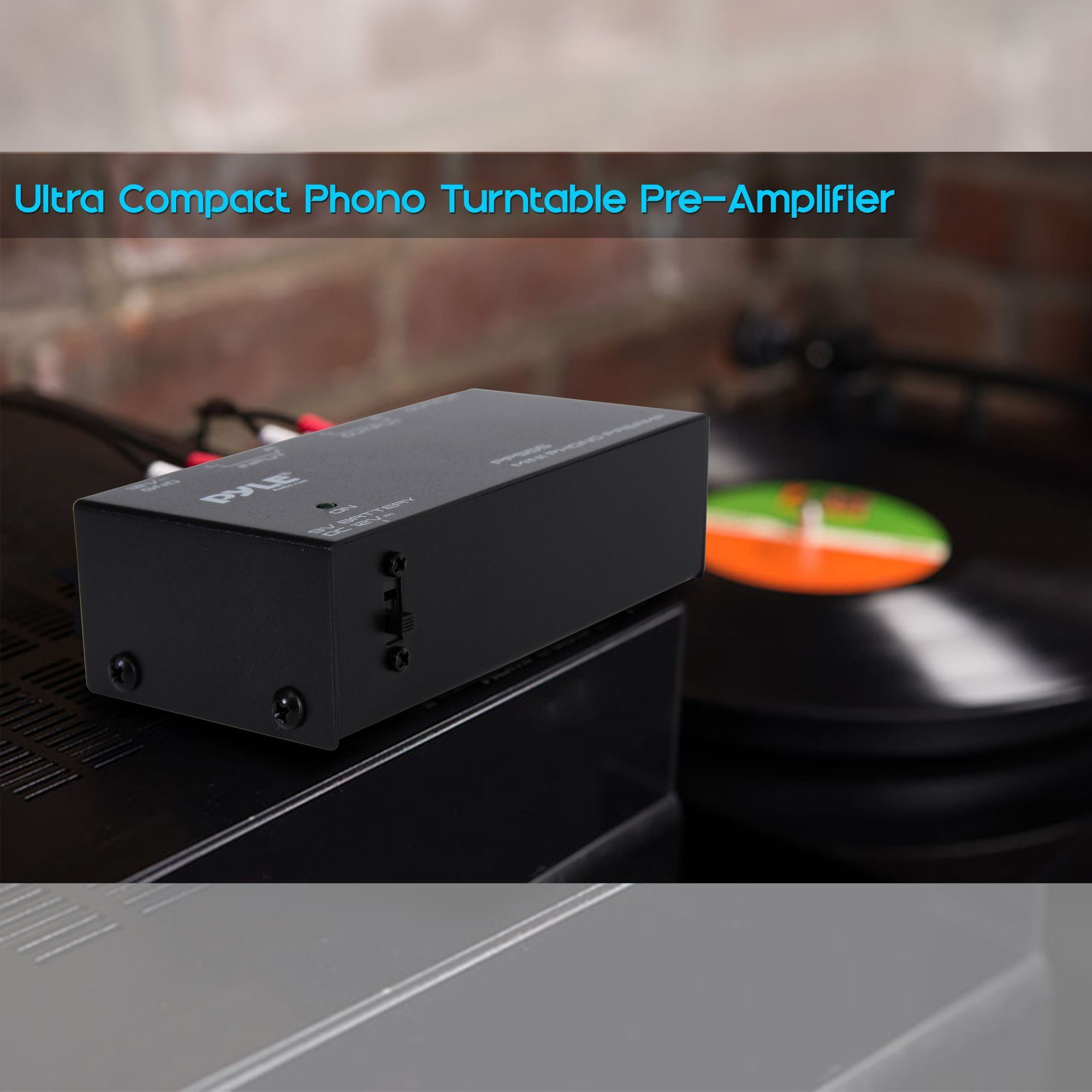 Pyle Phono Turntable Preamp - Mini Electronic Audio Stereo Phonograph Preamplifier with 9V Battery Compartment, Separate DC 12V Power Adapter, RCA Input, RCA Output & Low Noise Operation (PP555)