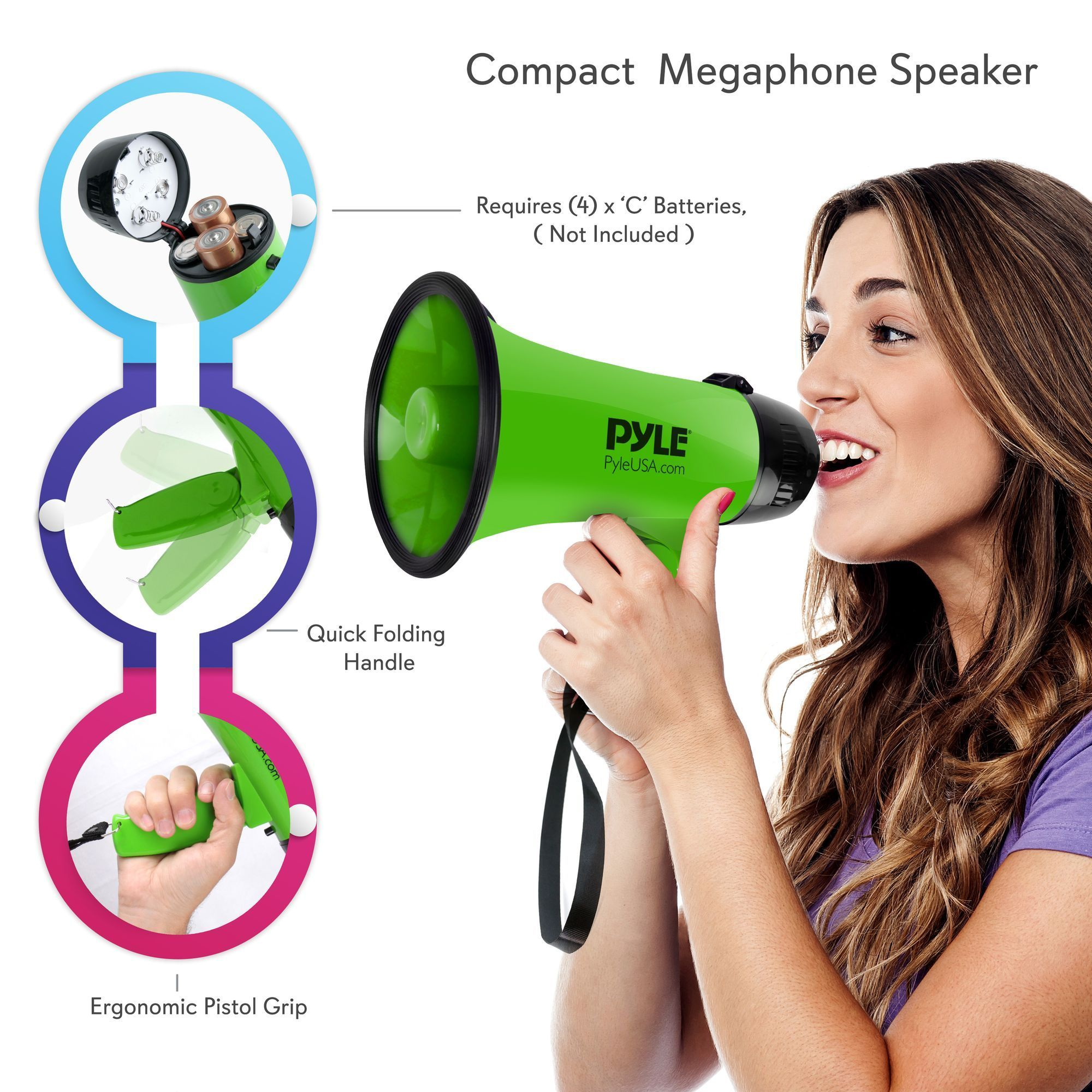 Portable Megaphone Speaker Siren Bullhorn - Compact and Battery Operated with 20 Watt Power, Microphone, 2 Modes, PA Sound and Foldable Handle for Cheerleading and Police Use - Pyle PMP22GR