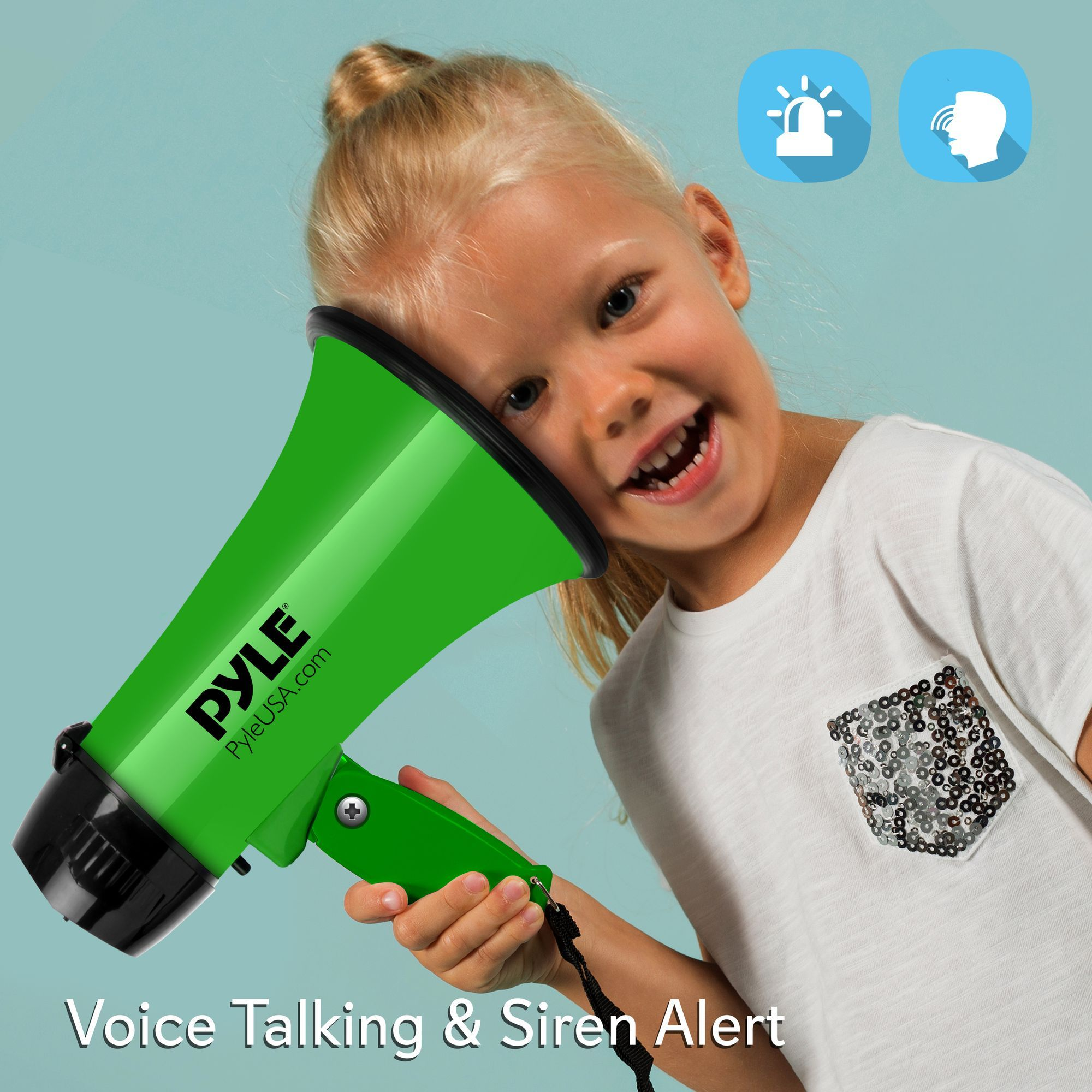 Portable Megaphone Speaker Siren Bullhorn - Compact and Battery Operated with 20 Watt Power, Microphone, 2 Modes, PA Sound and Foldable Handle for Cheerleading and Police Use - Pyle PMP22GR