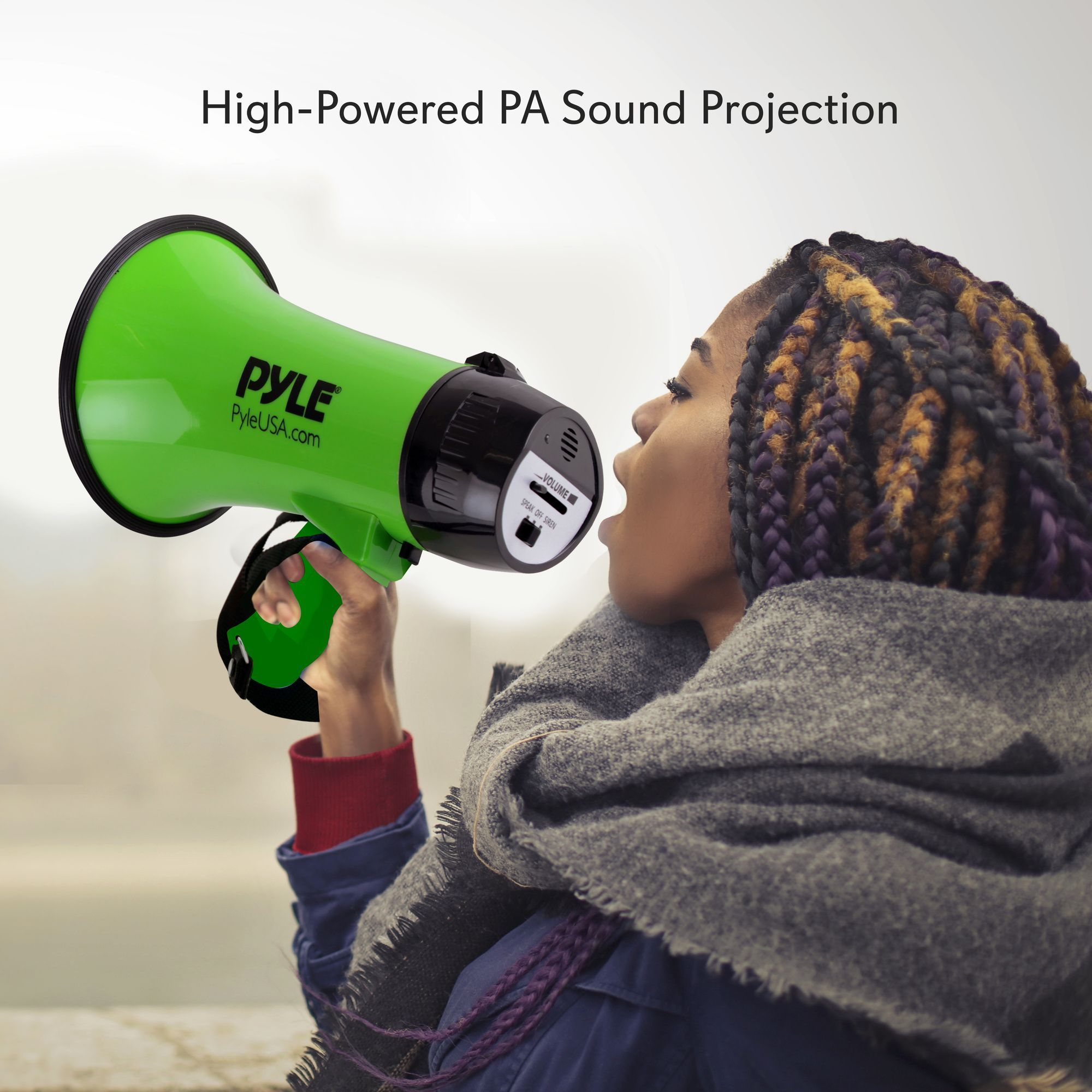 Portable Megaphone Speaker Siren Bullhorn - Compact and Battery Operated with 20 Watt Power, Microphone, 2 Modes, PA Sound and Foldable Handle for Cheerleading and Police Use - Pyle PMP22GR