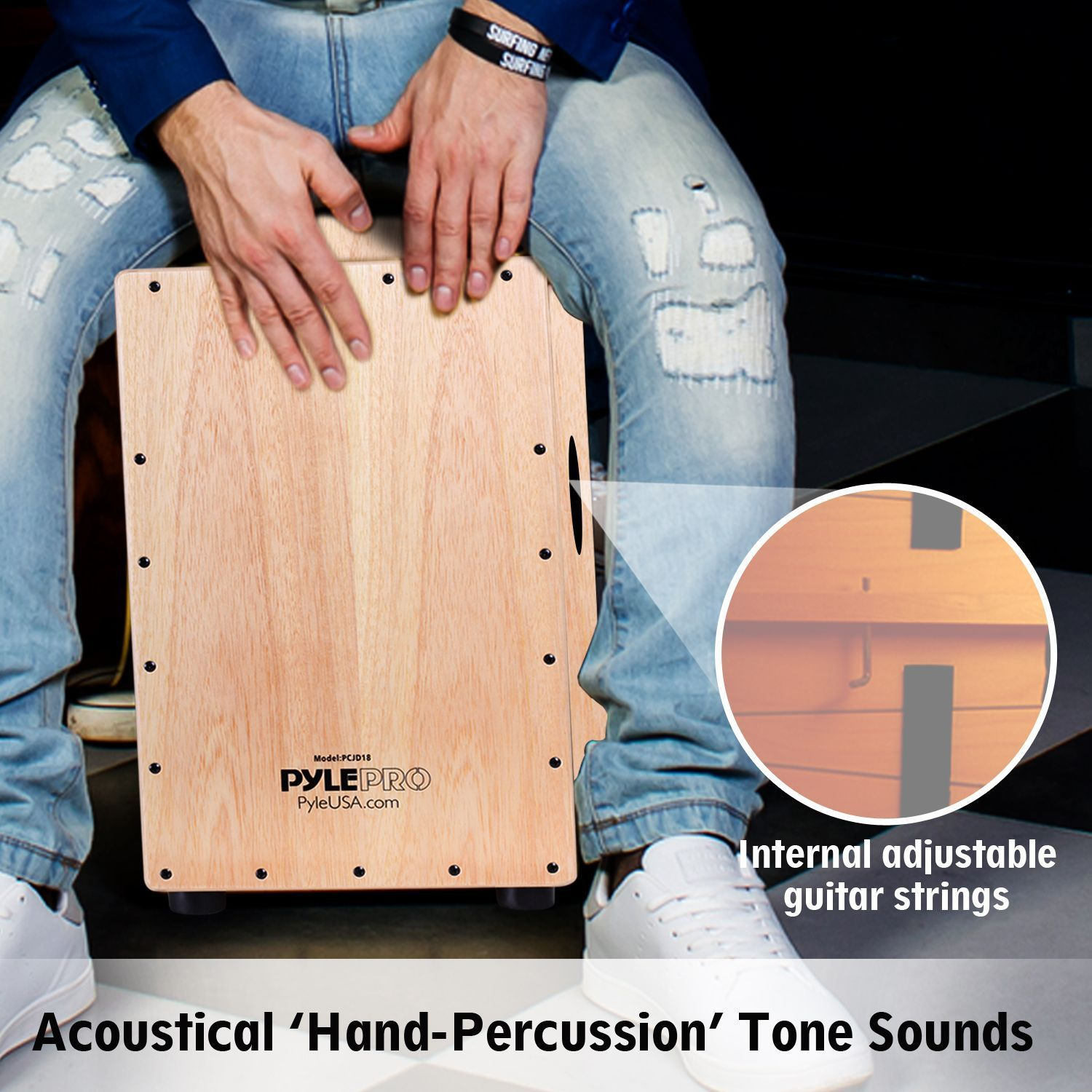 Pyle Jam Wooden Cajon Stringed Percussion Box (PCJD18)