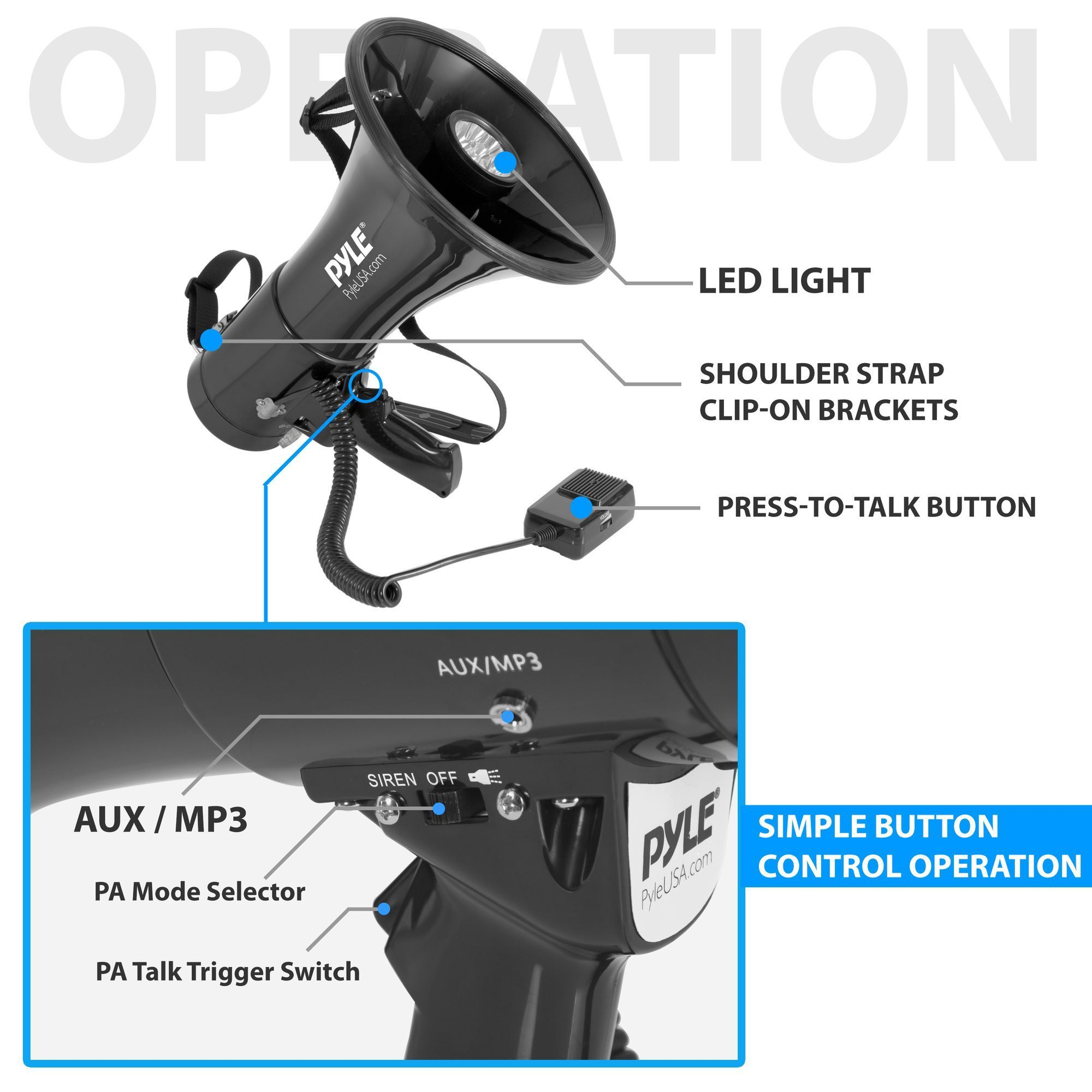 Pyle Portable Compact PA Megaphone Speaker with Alarm Siren & Adjustable Volume - 50W Handheld Lightweight Bullhorn - with Mic, AUX IN for MP3 & Rechargeable Battery - Indoor Outdoor Use - PMP561LTB