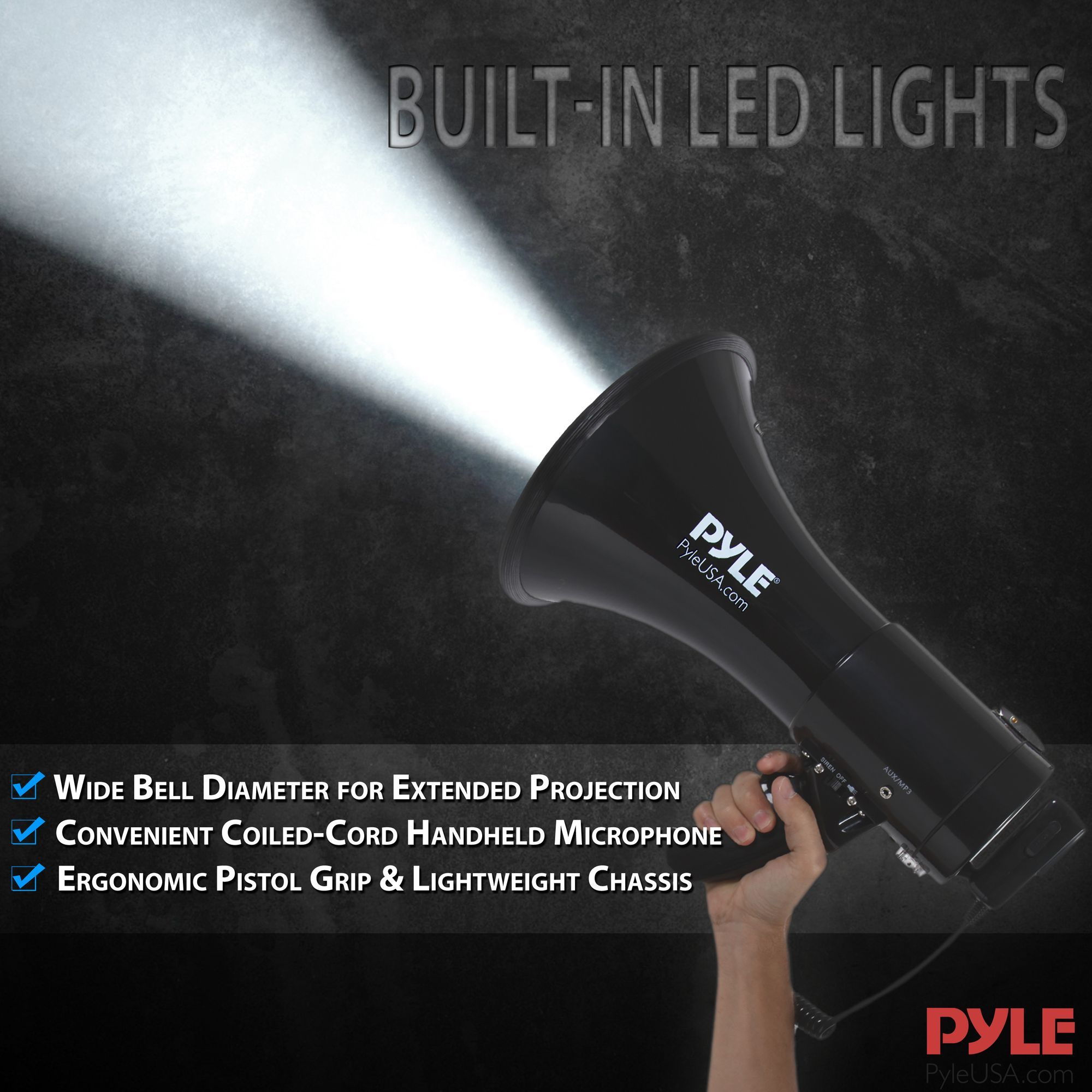Pyle Portable Compact PA Megaphone Speaker with Alarm Siren & Adjustable Volume - 50W Handheld Lightweight Bullhorn - with Mic, AUX IN for MP3 & Rechargeable Battery - Indoor Outdoor Use - PMP561LTB