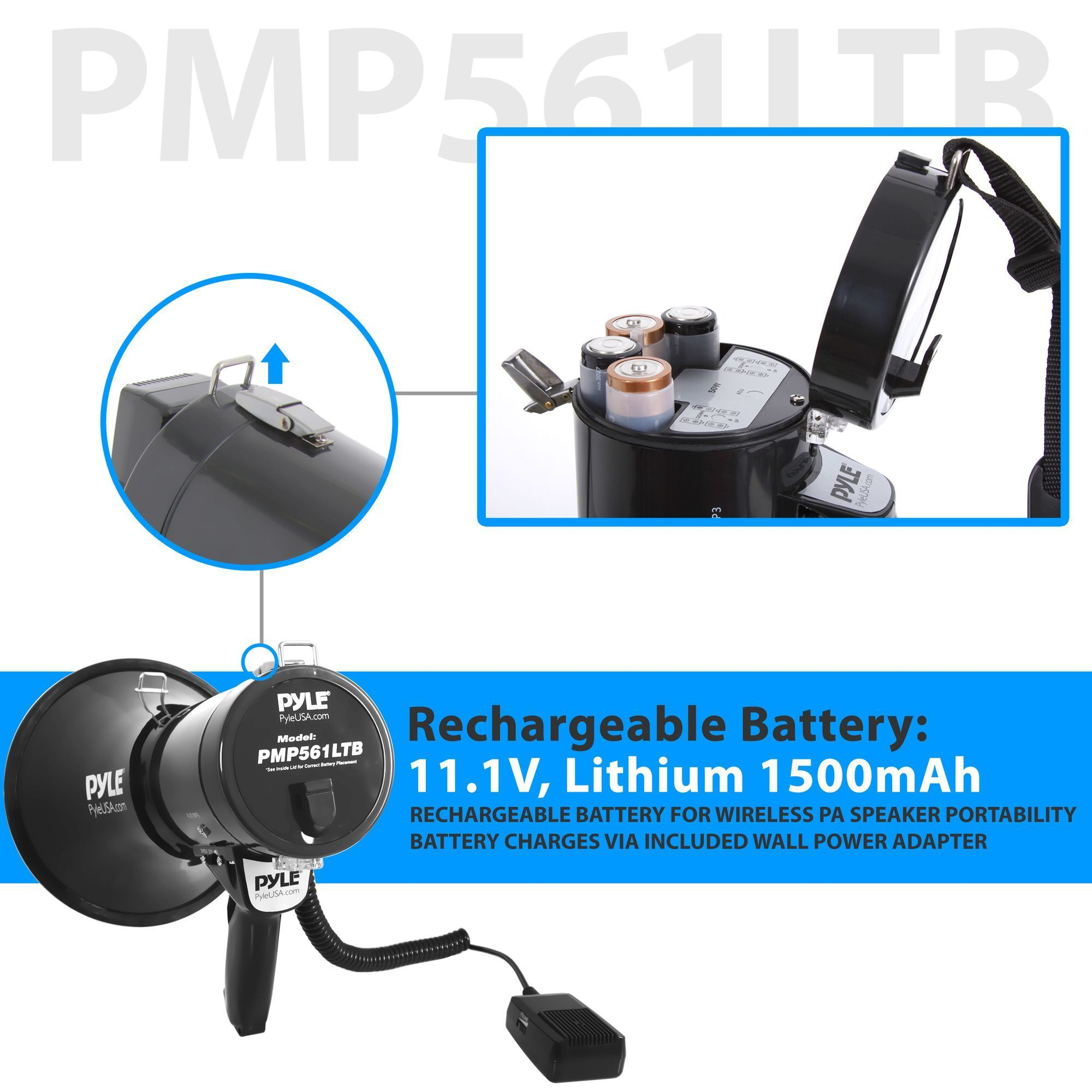 Pyle Portable Compact PA Megaphone Speaker with Alarm Siren & Adjustable Volume - 50W Handheld Lightweight Bullhorn - with Mic, AUX IN for MP3 & Rechargeable Battery - Indoor Outdoor Use - PMP561LTB