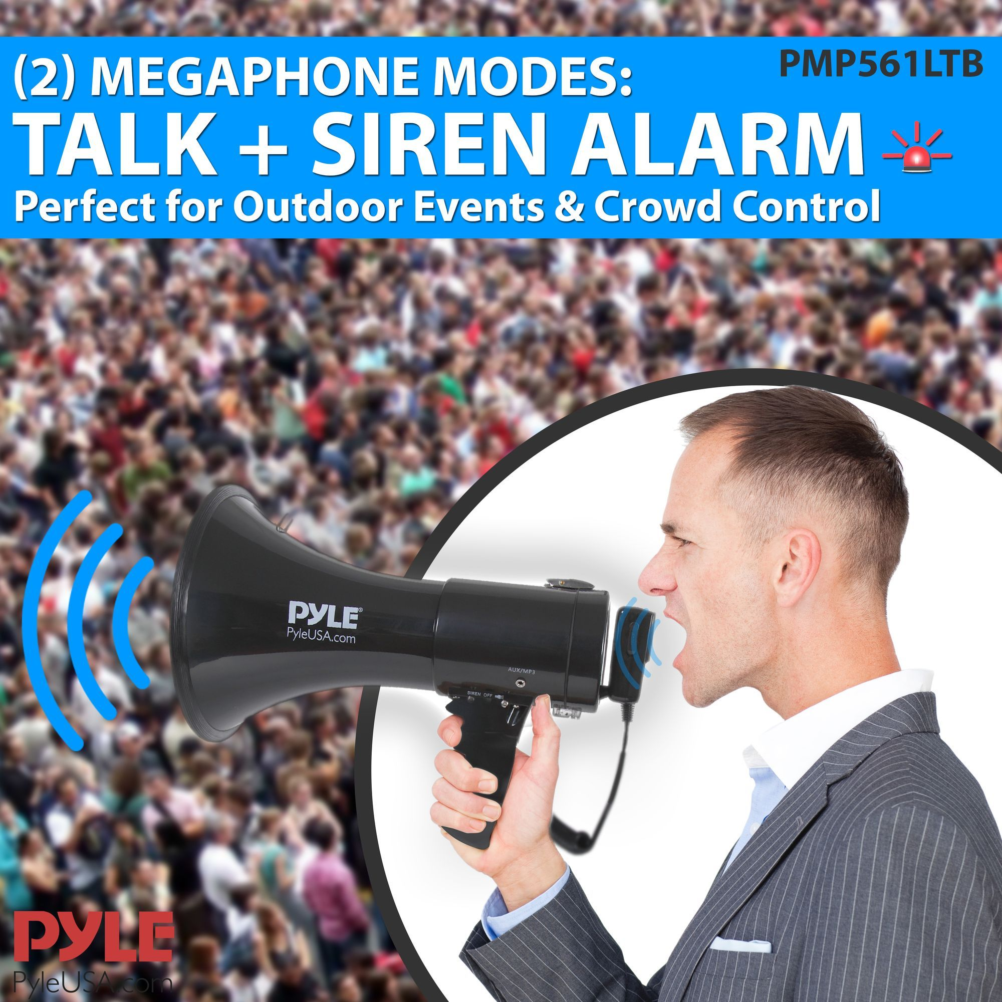 Pyle Portable Compact PA Megaphone Speaker with Alarm Siren & Adjustable Volume - 50W Handheld Lightweight Bullhorn - with Mic, AUX IN for MP3 & Rechargeable Battery - Indoor Outdoor Use - PMP561LTB