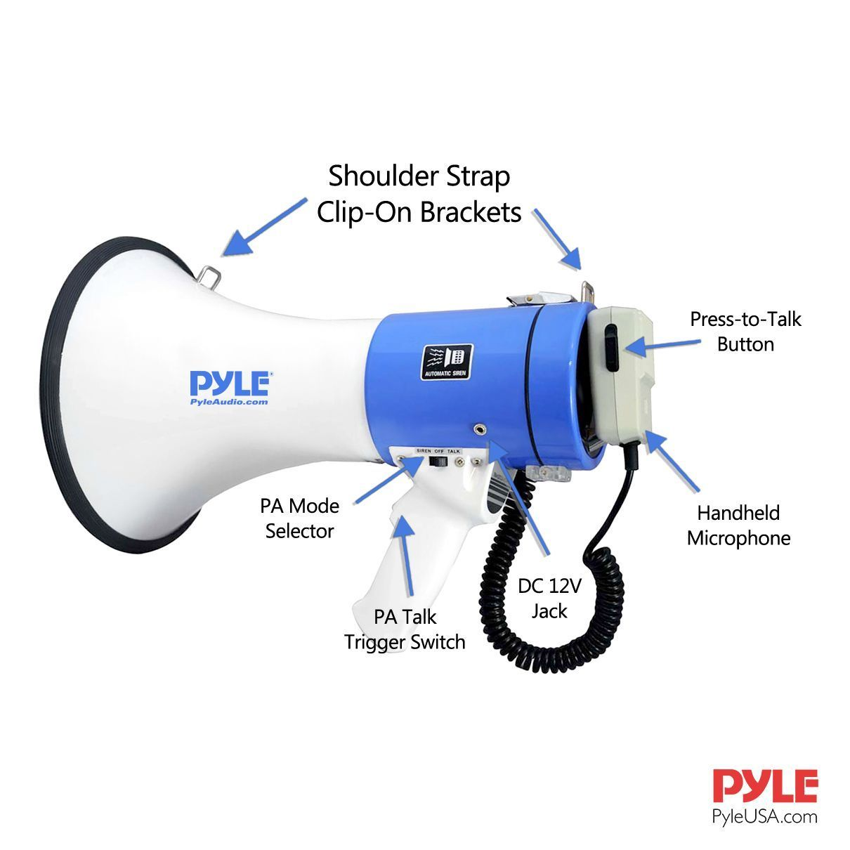 Pyle Megaphone Speaker PA Bullhorn with Built-in Siren - 50 Watts Adjustable Volume Control and 1200 Yard Range - Ideal for Football, Baseball, Basketball Cheerleading Fans & Coaches or for Safety Drills (PMP50)