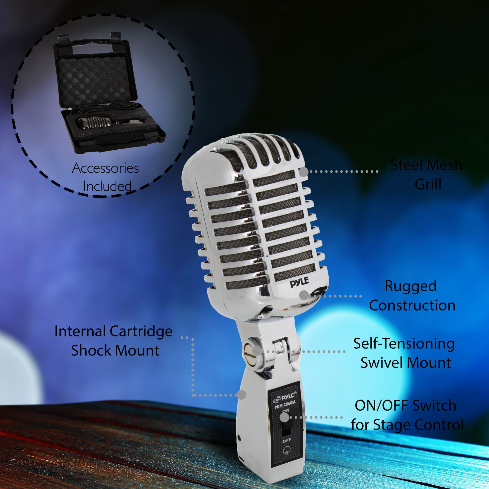 Classic Retro Dynamic Vocal Microphone - Old Vintage Style Metal Unidirectional Cardioid Mic with XLR Cable - Universal Stand Adapter - Live Performance Studio Recording - Pyle Pro PDMICR68SL (Silver)