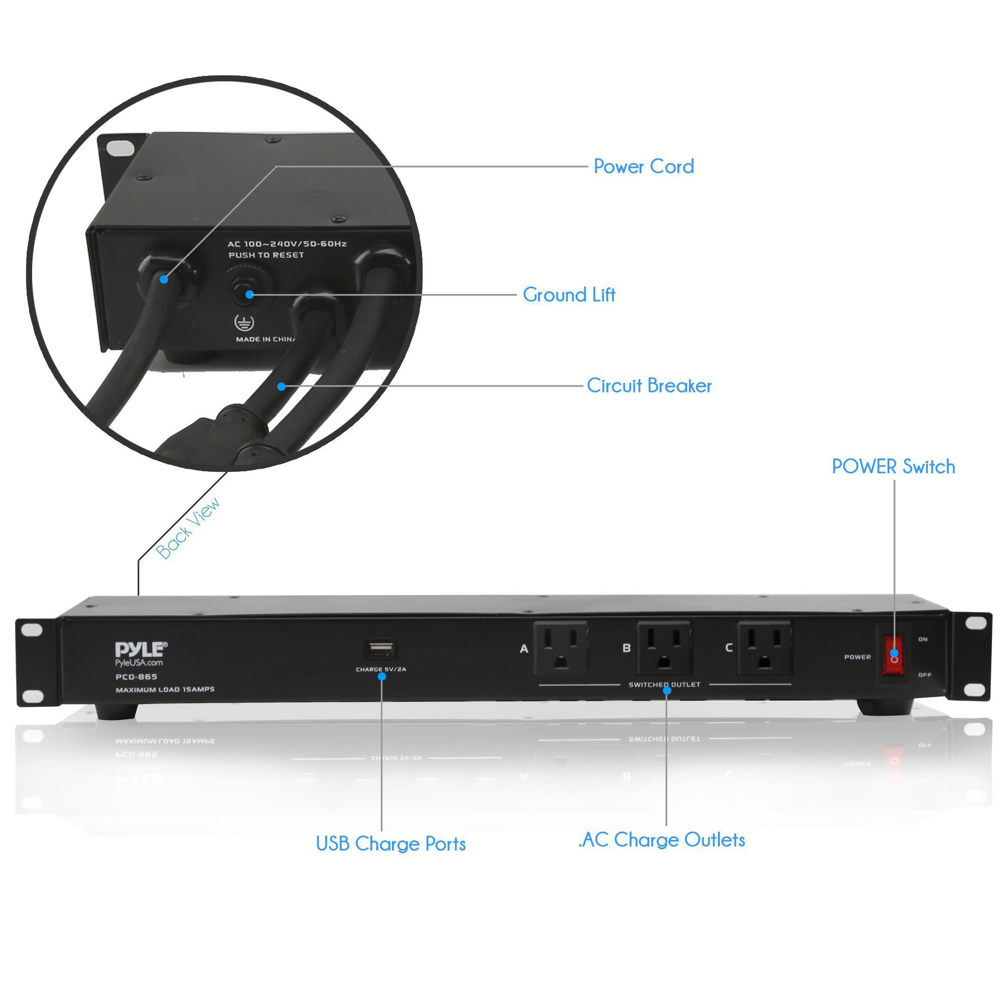 Pyle 19‑Outlet 1U Rackmount PDU – 15 A Surge Protector with USB Charging, Ground Lift, Circuit Breaker, 15 ft Cord, 3 Front Outlets & 16 Rear Power Cables (Model PCO860)