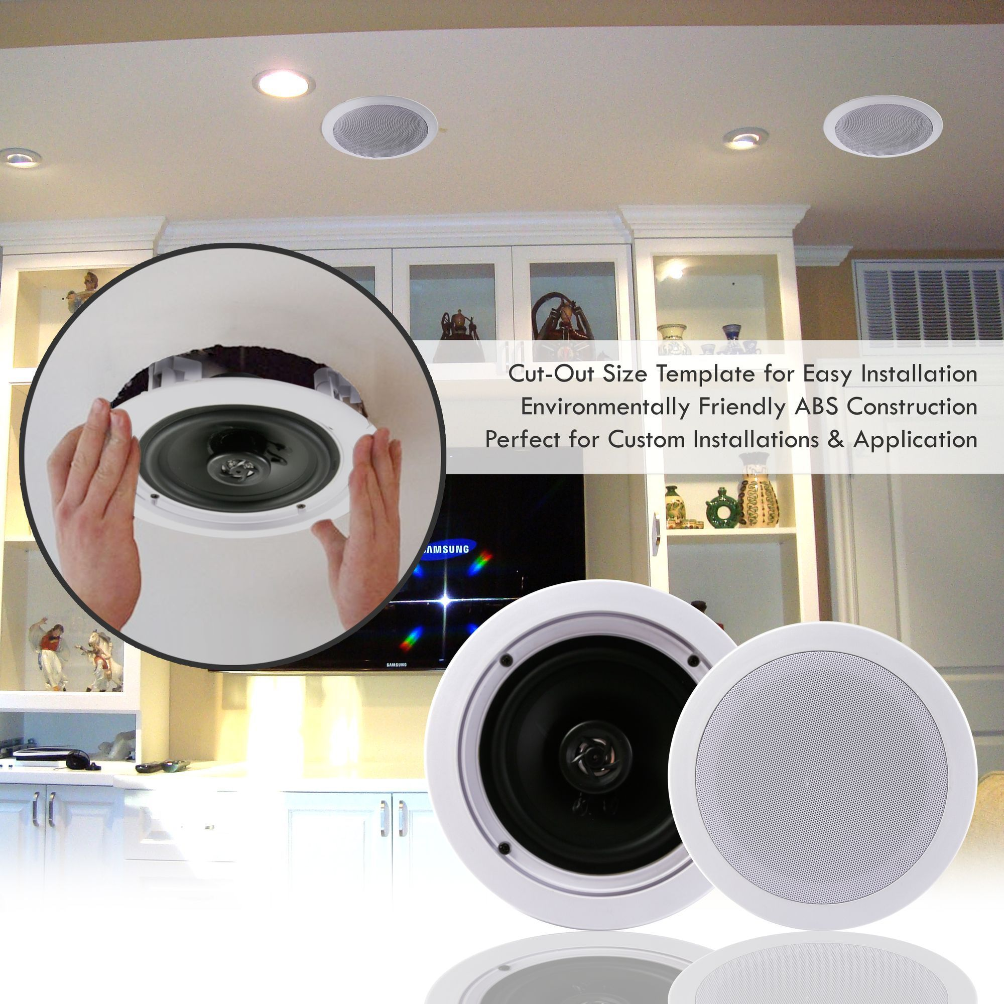 Pyle Pair 6.5” Flush Mount In-wall In-ceiling 2-Way Home Speaker System Spring Loaded Quick Connections Dual Polypropylene Cone Polymer Tweeter Stereo Sound 200 Watts (PDIC1661RD)