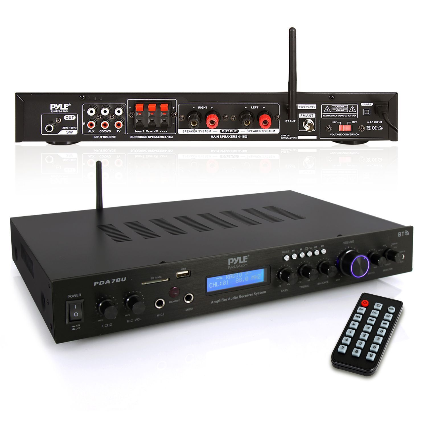 Pyle - Upgraded Premium Rack Mount Bluetooth Receiver, Home Theater Amp, Speaker Amplifier, Bluetooth Wireless Streaming, MP3/USB/SD/AUX/FM Radio, 200 Watt, w/ Digital ID3 LCD Display from - PDA7BU