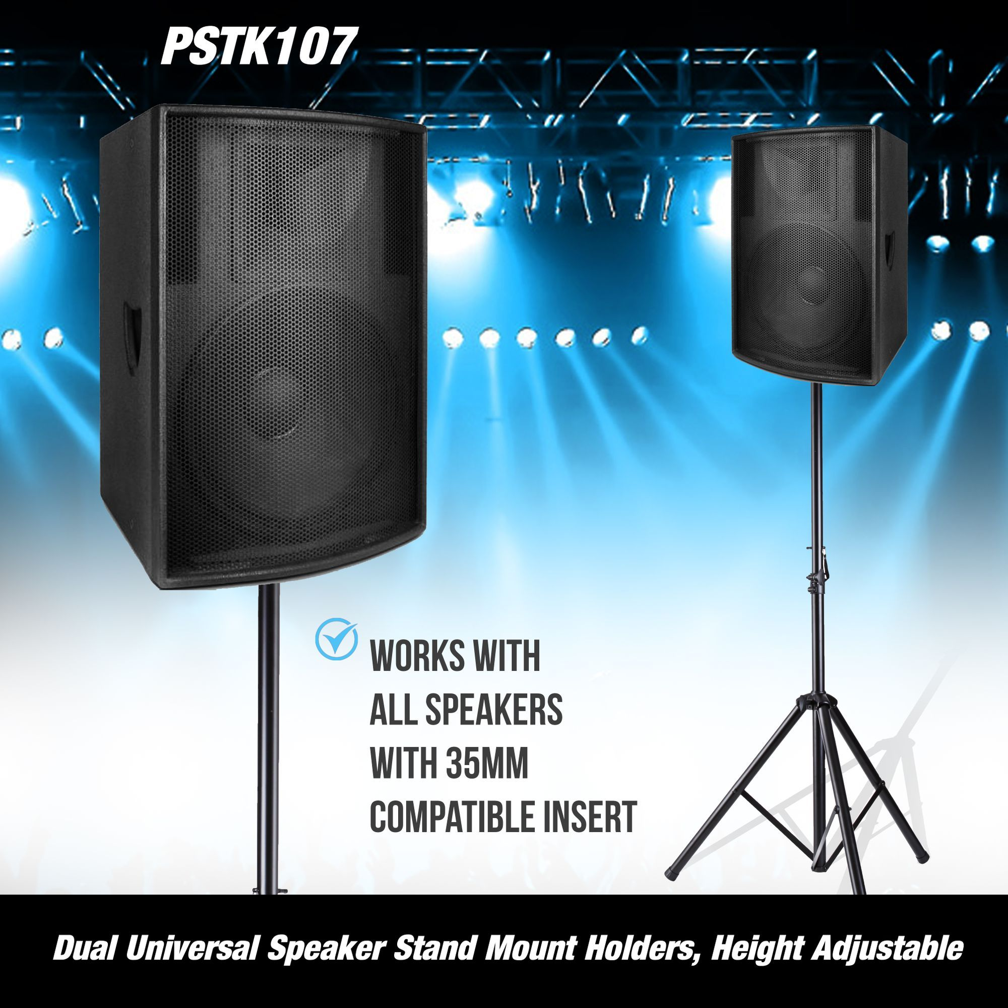 Pyle Universal Dual PA DJ Tripod 2 Speaker Stand Kit  With Adjustable Height  & Storage Bag  Constructed with Heavy Duty Durable Steel and Lightweight for Easy Mobility Safety PIN Screw Locks PSTK107