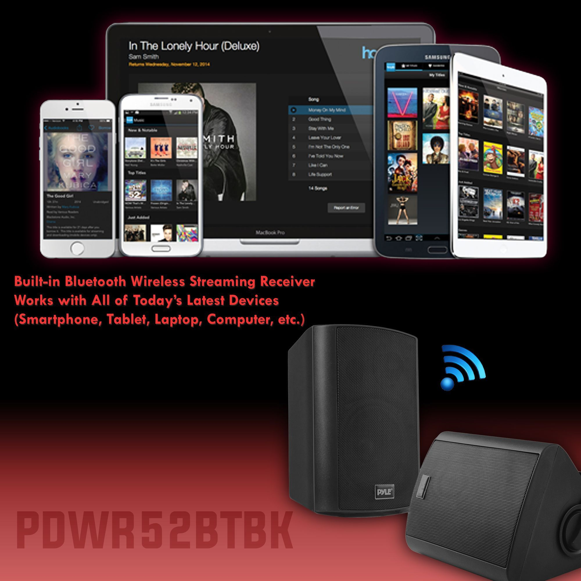 Wall Mount Home Speaker System - Active + Passive Pair Wireless Bluetooth Compatible Indoor / Outdoor Waterproof Weatherproof Stereo Sound Speaker Set with AUX IN - Pyle PDWR52BTBK (Black)