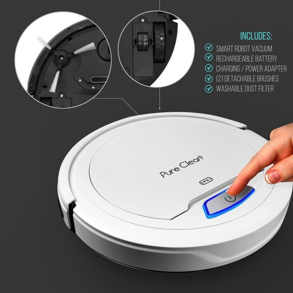 Pure Clean Robotic Vacuum Cleaner - Robot Home Cleaning for Clean Carpet Hardwood Floor - Bot Self Detects Stairs - HEPA Filter Pet Hair Allergies Friendly