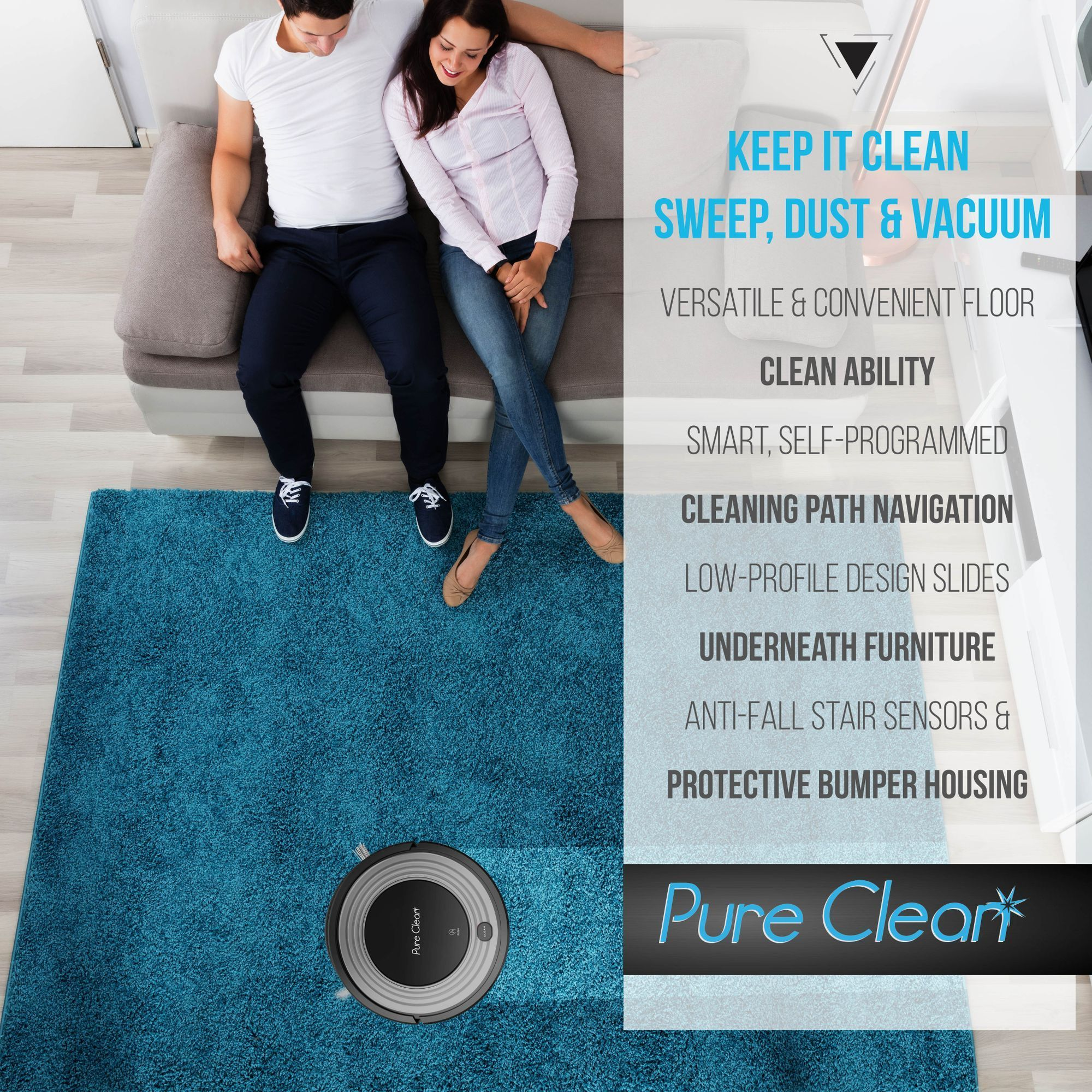 Automatic Programmable Robot Vacuum Cleaner - Robotic Auto Home Cleaning for Clean Carpet Hardwood Floor w/ Self Activation and Charge Dock - HEPA Pet Hair & Allergies Friendly - PureClean PUCRC96B