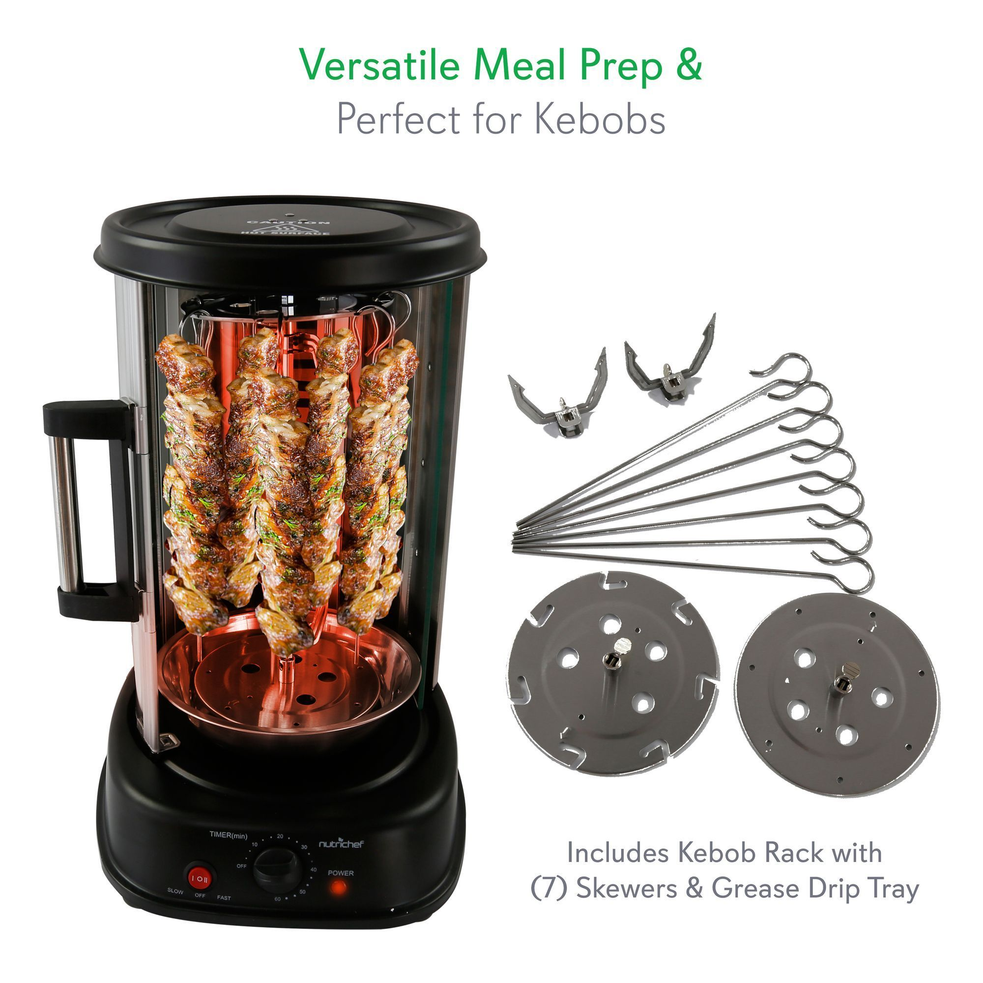 NutriChef Countertop Vertical Rotating Oven - Rotisserie Shawarma Machine, Kebob Machine, Stain Resistant & Energy Efficient W/ Heat Resistant Door, Includes Kebob Rack with 7 Skewers (PKRTVG34)