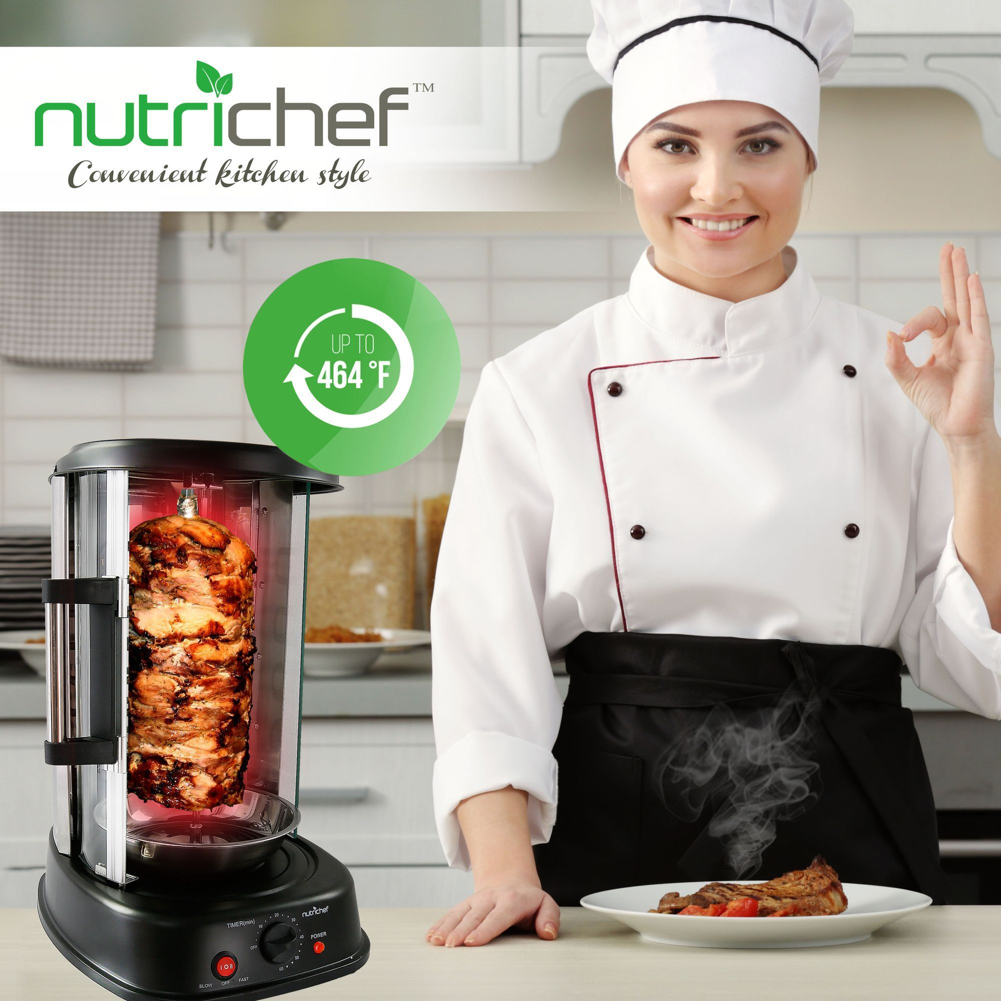 NutriChef Countertop Vertical Rotating Oven - Rotisserie Shawarma Machine, Kebob Machine, Stain Resistant & Energy Efficient W/ Heat Resistant Door, Includes Kebob Rack with 7 Skewers (PKRTVG34)