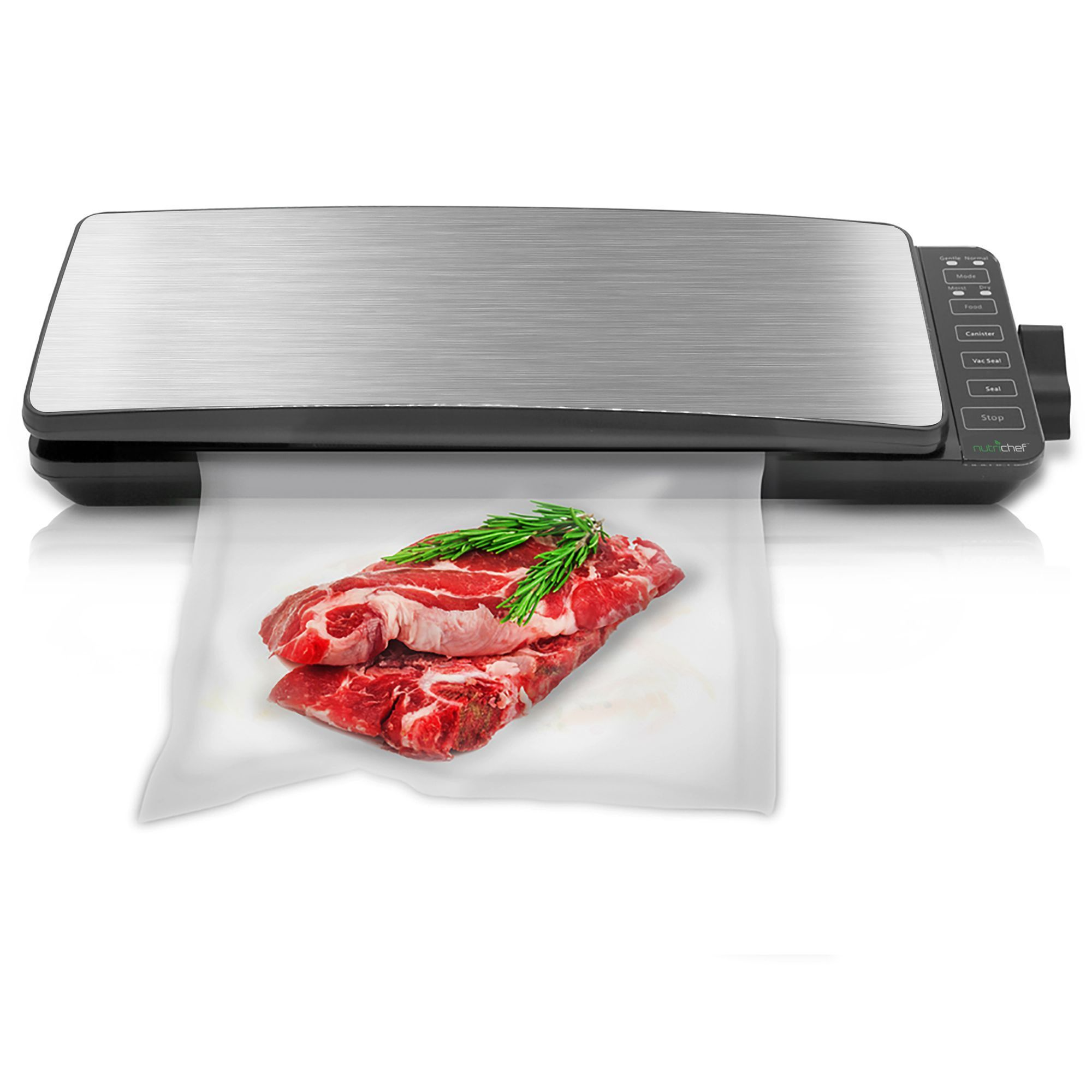 Automatic Food Vacuum Sealer System - 110W Sealed Meat Packing Sealing Preservation Sous Vide Machine w/ 2 Seal Modes, Saver Vac Roll Bags, Vacuum Air Hose - NutriChef PKVS35STS (Stainless Steel)