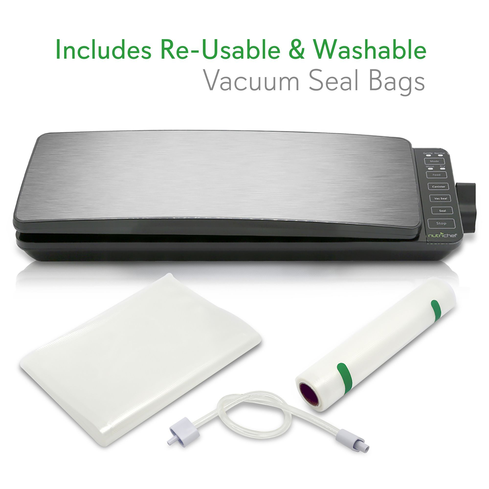 Automatic Food Vacuum Sealer System - 110W Sealed Meat Packing Sealing Preservation Sous Vide Machine w/ 2 Seal Modes, Saver Vac Roll Bags, Vacuum Air Hose - NutriChef PKVS35STS (Stainless Steel)