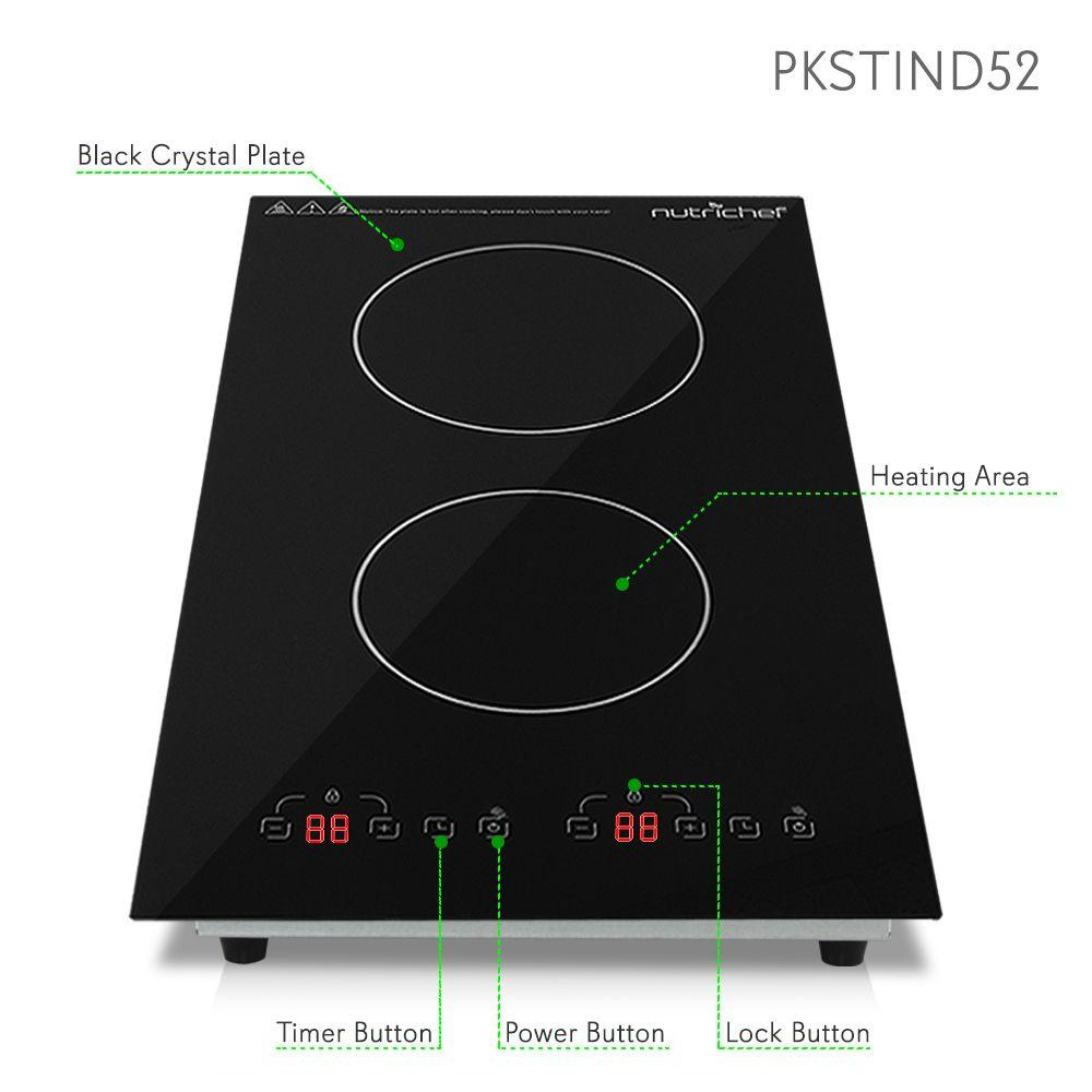 Dual 120V Electric Induction Cooker - 1800w Portable Digital Ceramic Countertop Double Burner Cooktop w/ Countdown Timer - Works w/ Stainless Steel Pan / Magnetic Cookware - NutriChef PKSTIND52