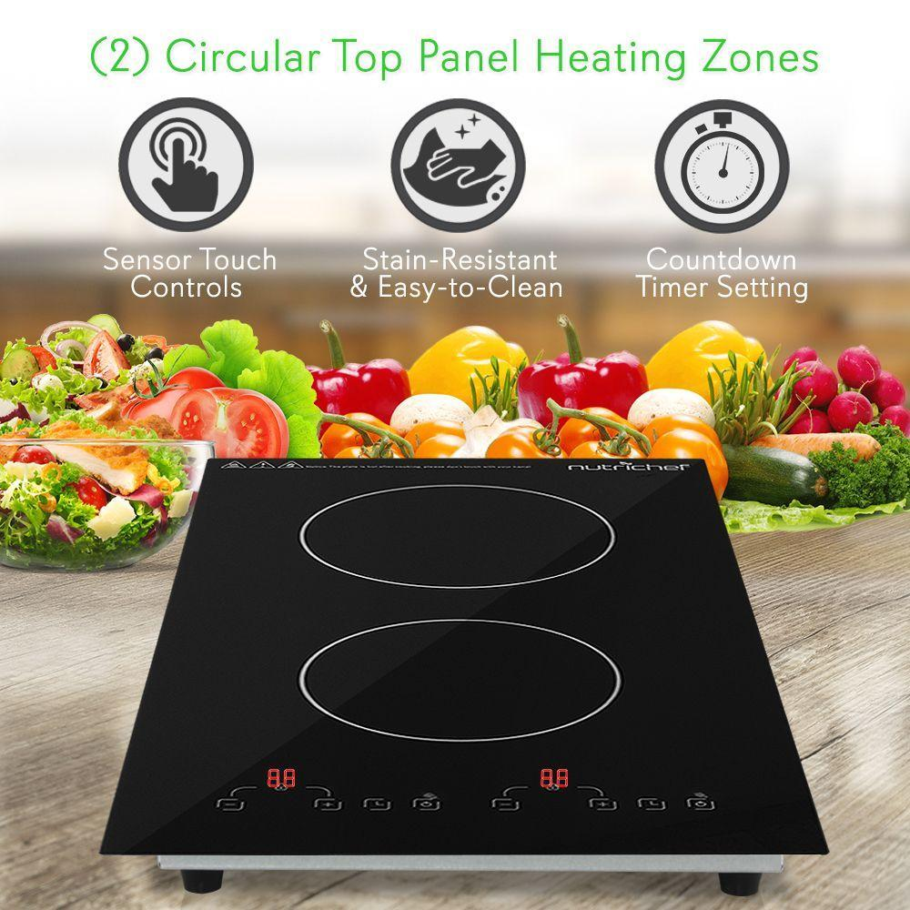 Dual 120V Electric Induction Cooker - 1800w Portable Digital Ceramic Countertop Double Burner Cooktop w/ Countdown Timer - Works w/ Stainless Steel Pan / Magnetic Cookware - NutriChef PKSTIND52