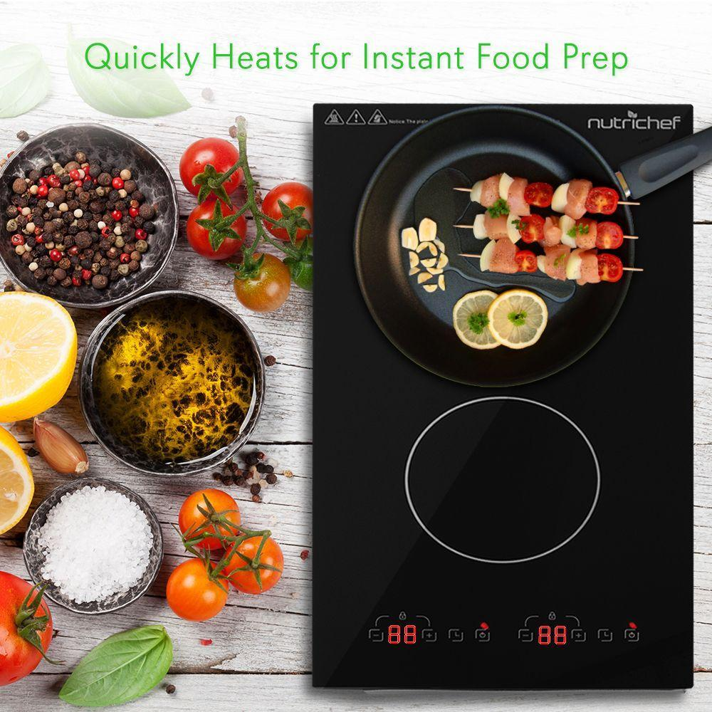 Dual 120V Electric Induction Cooker - 1800w Portable Digital Ceramic Countertop Double Burner Cooktop w/ Countdown Timer - Works w/ Stainless Steel Pan / Magnetic Cookware - NutriChef PKSTIND52