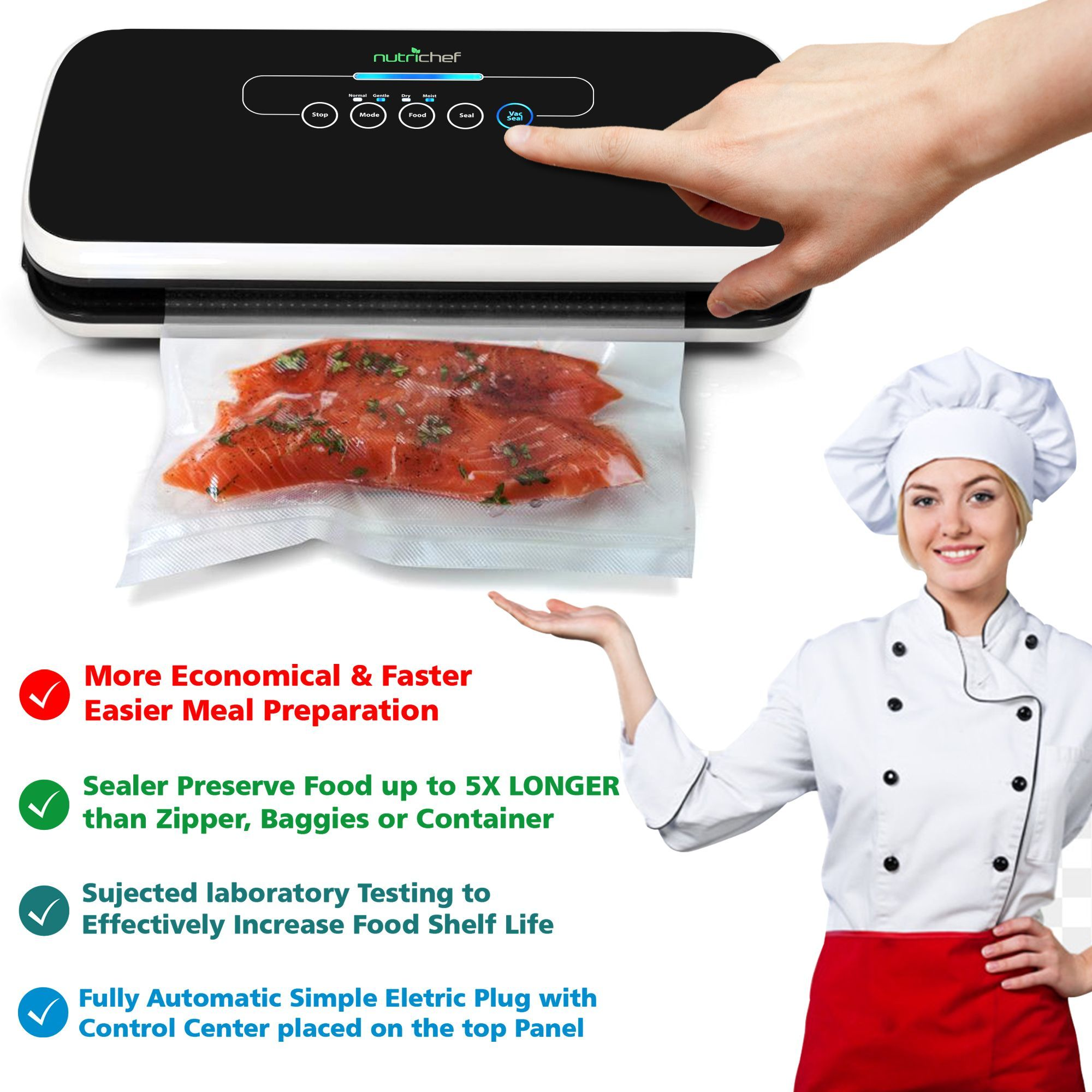 NutriChef Vacuum Sealer | Automatic Vacuum Air Sealing System For Food Preservation w/ Starter Kit | Compact Design | Lab Tested | Dry & Moist Food Modes | Led Indicator Lights (Black)