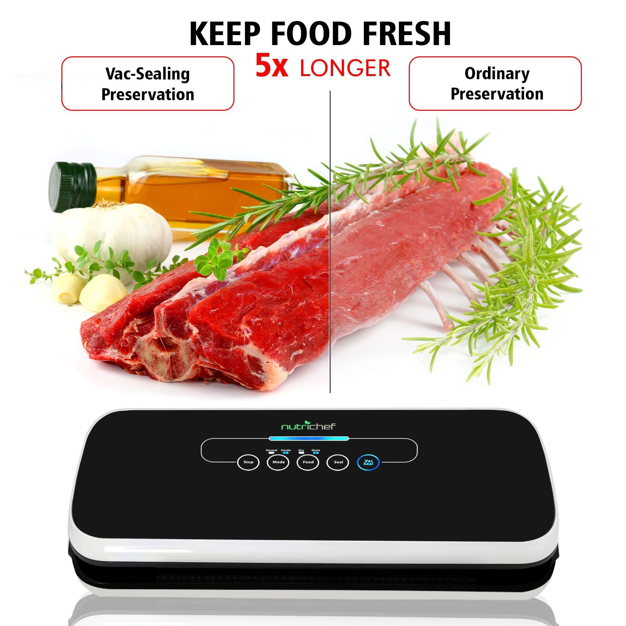 NutriChef Vacuum Sealer | Automatic Vacuum Air Sealing System For Food Preservation w/ Starter Kit | Compact Design | Lab Tested | Dry & Moist Food Modes | Led Indicator Lights (Black)