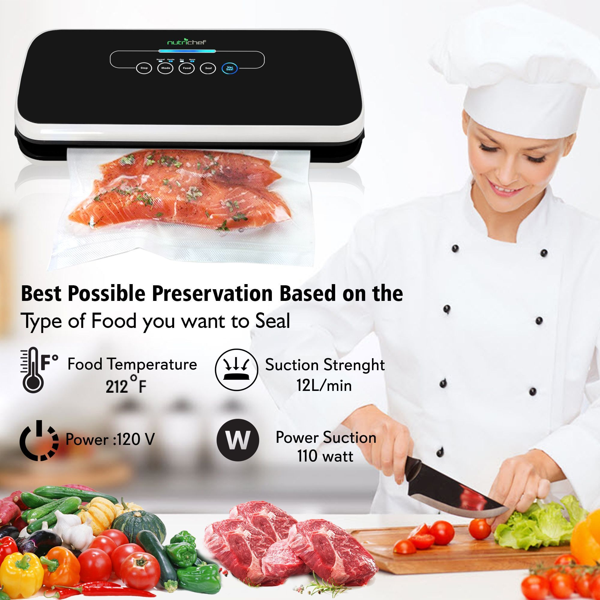 NutriChef Vacuum Sealer | Automatic Vacuum Air Sealing System For Food Preservation w/ Starter Kit | Compact Design | Lab Tested | Dry & Moist Food Modes | Led Indicator Lights (Black)