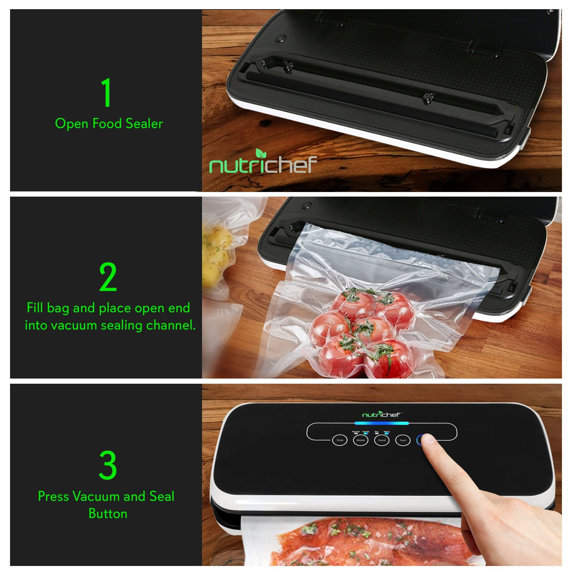 NutriChef Vacuum Sealer | Automatic Vacuum Air Sealing System For Food Preservation w/ Starter Kit | Compact Design | Lab Tested | Dry & Moist Food Modes | Led Indicator Lights (Black)