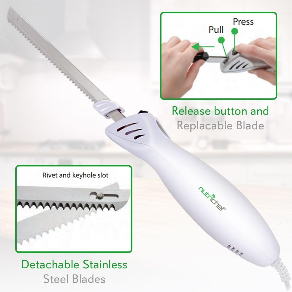 Nutrichef PKELKN16 Portable Electrical Food Cutter Knife Set with Bread and Carving Blades, Wood Stand, One Size, White (Pack of 4)