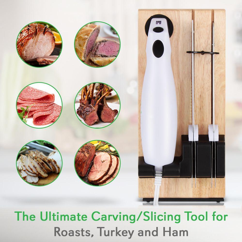 Nutrichef PKELKN16 Portable Electrical Food Cutter Knife Set with Bread and Carving Blades, Wood Stand, One Size, White (Pack of 4)