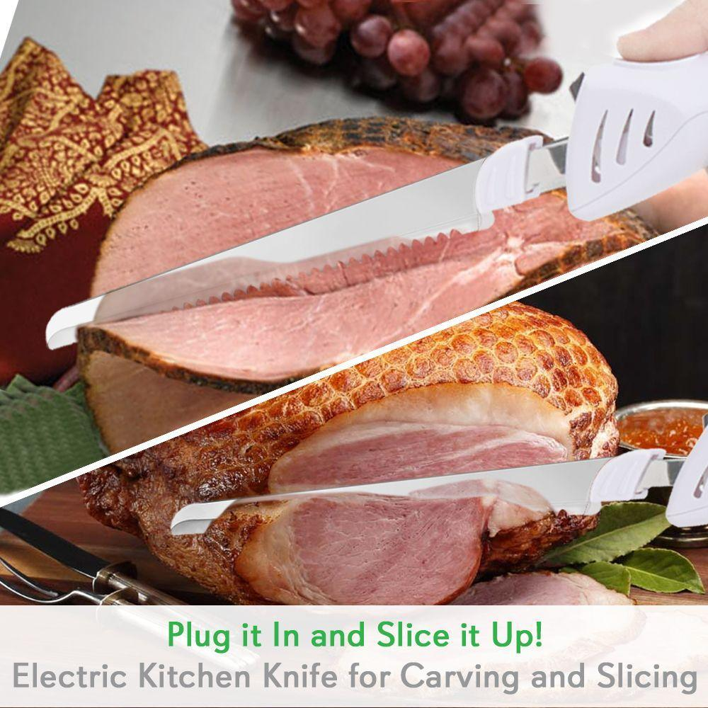 Nutrichef PKELKN16 Portable Electrical Food Cutter Knife Set with Bread and Carving Blades, Wood Stand, One Size, White (Pack of 4)