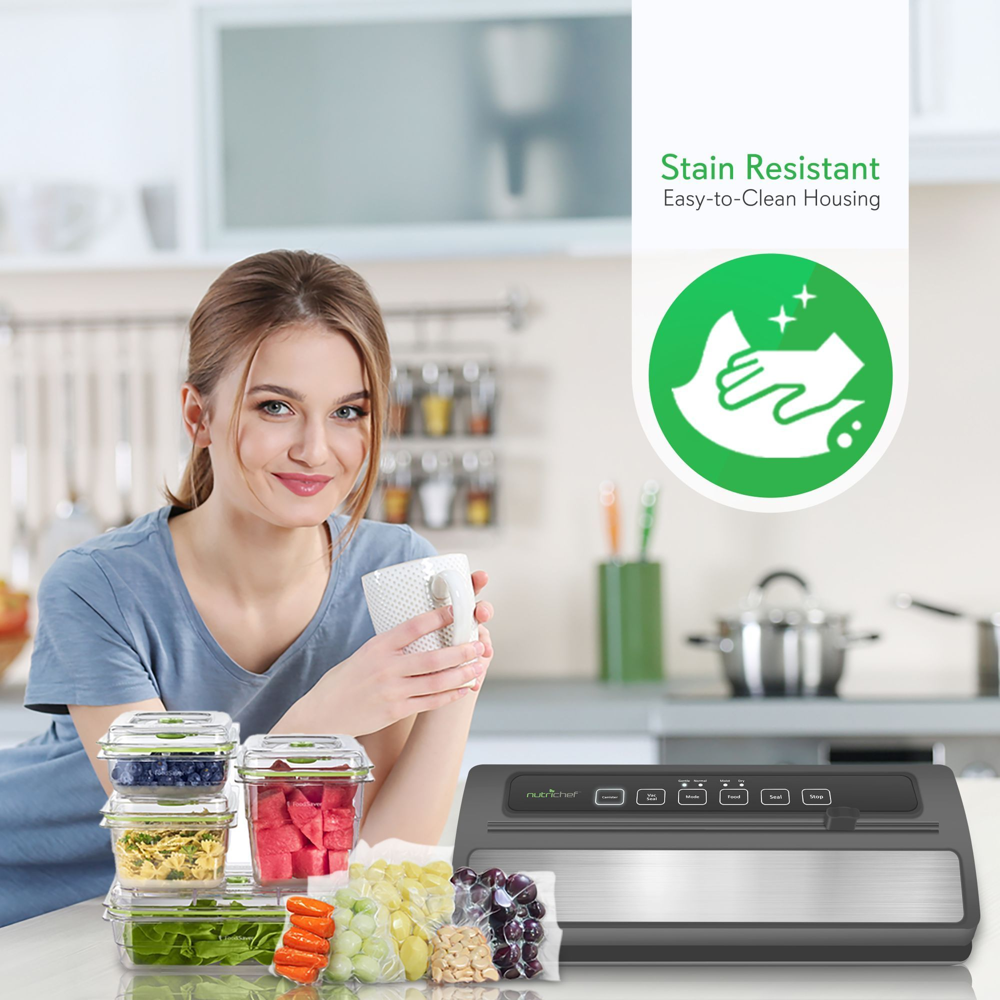 NutriChef Upgraded Vacuum Sealer | Automatic Vacuum Air Sealing System For Food Preservation w/ Starter Kit | Compact Design | Lab Tested | Dry & Moist Food Mode, Built-in Bag Cutter, 2018 Model