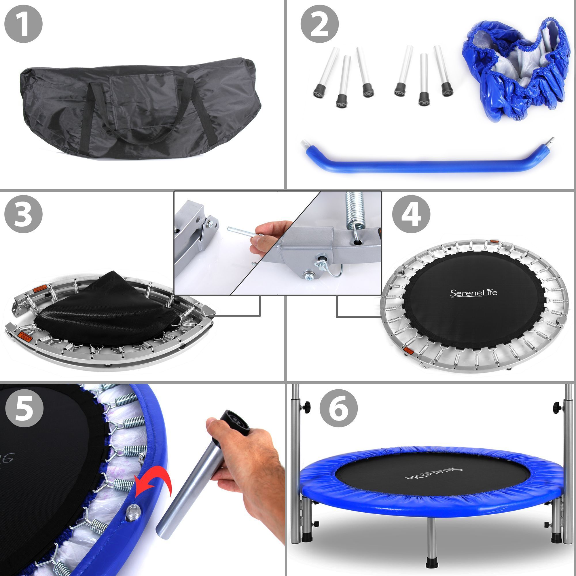Serenelife Portable & Foldable Trampoline - 40" In-Home Mini Rebounder with Adjustable Handrail, Fitness Body Exercise - SLSPT409