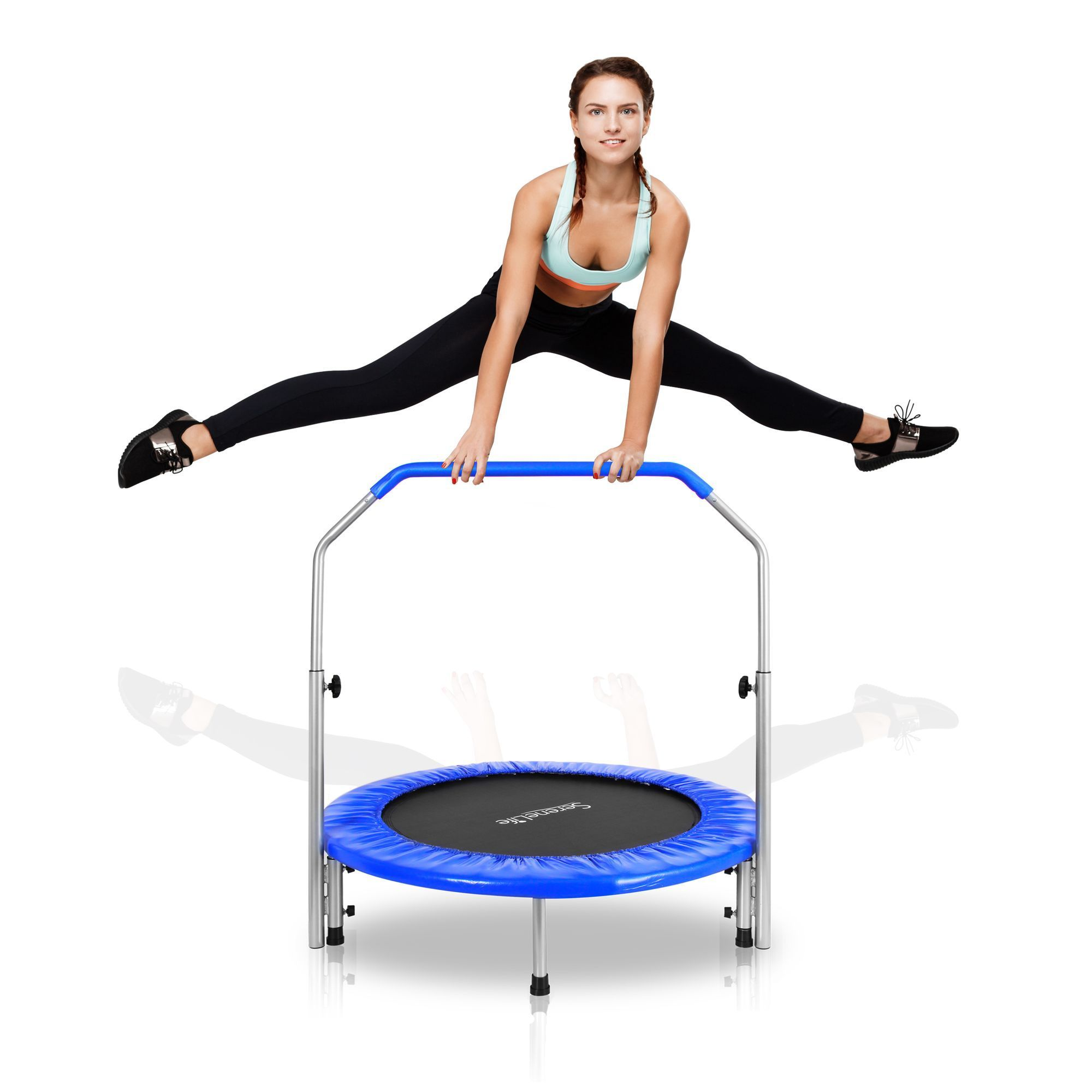 Serenelife Portable & Foldable Trampoline - 40" In-Home Mini Rebounder with Adjustable Handrail, Fitness Body Exercise - SLSPT409