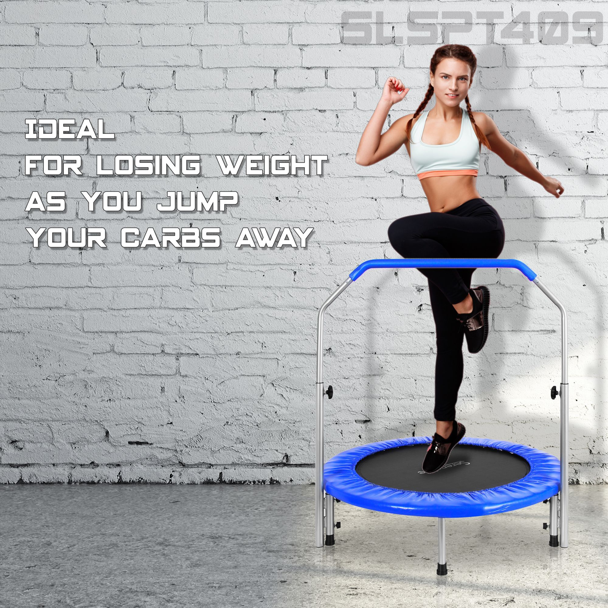 Serenelife Portable & Foldable Trampoline - 40" In-Home Mini Rebounder with Adjustable Handrail, Fitness Body Exercise - SLSPT409
